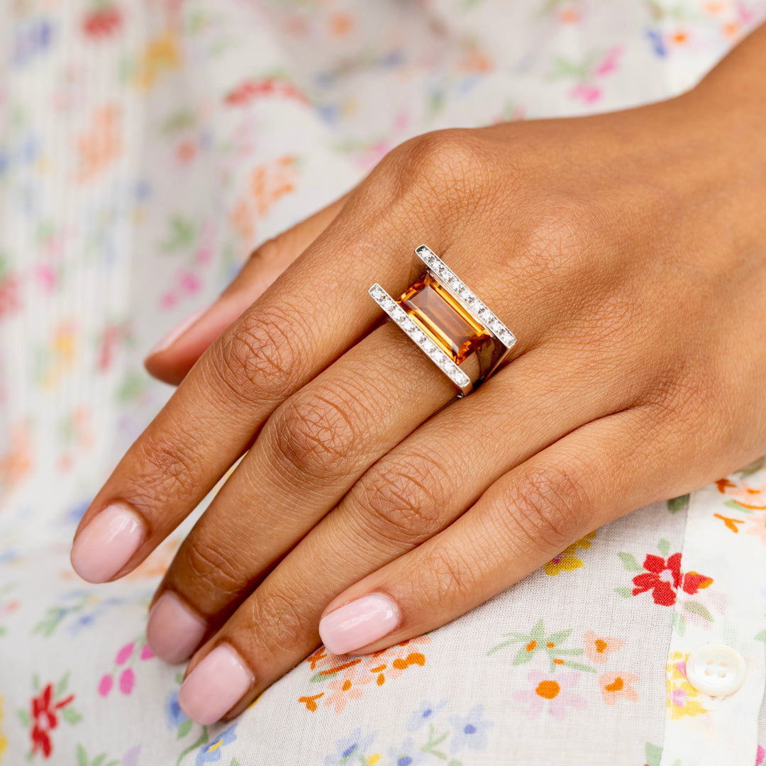 Modernist Citrine, Diamond, and 18K Gold Ring