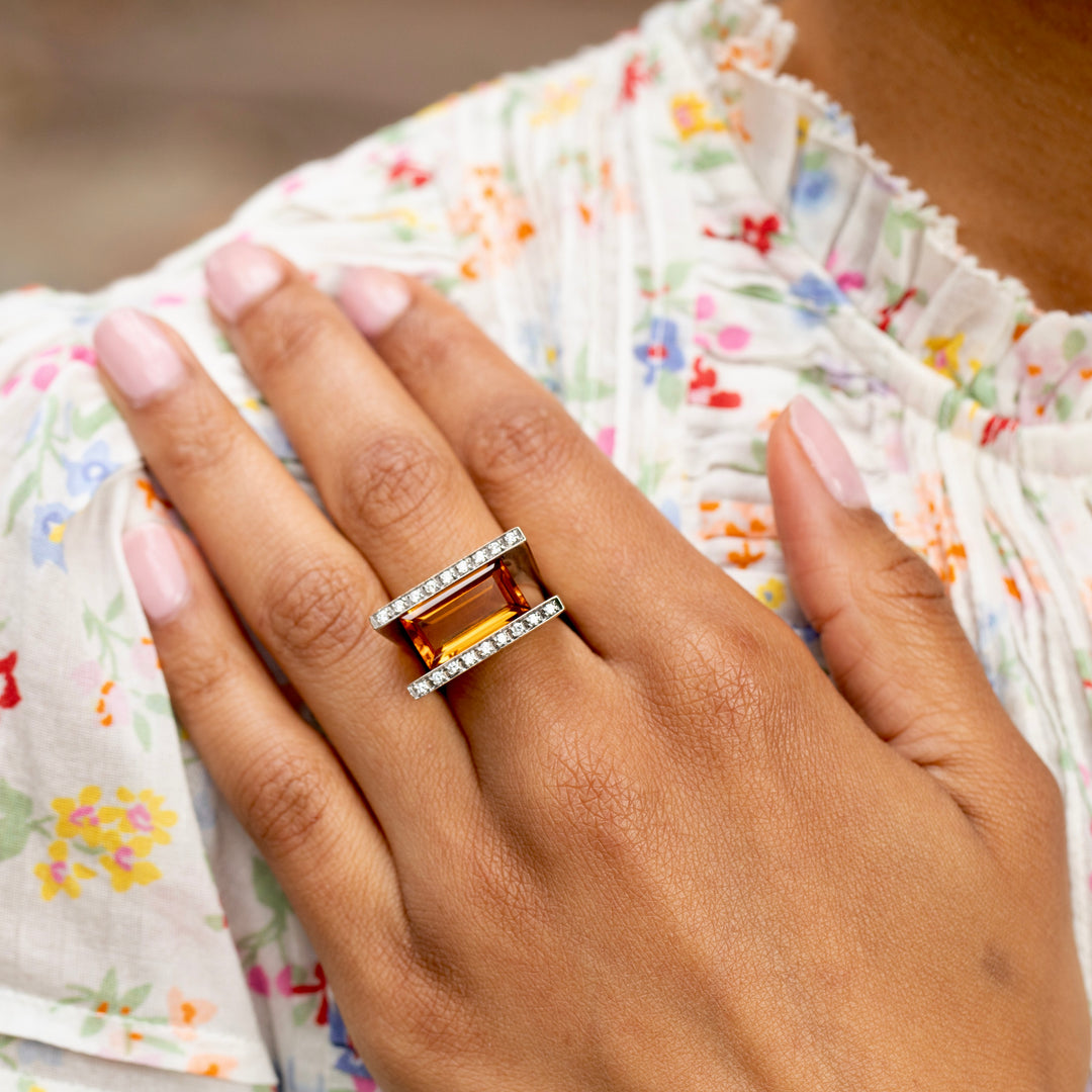 Modernist Citrine, Diamond, and 18K Gold Ring