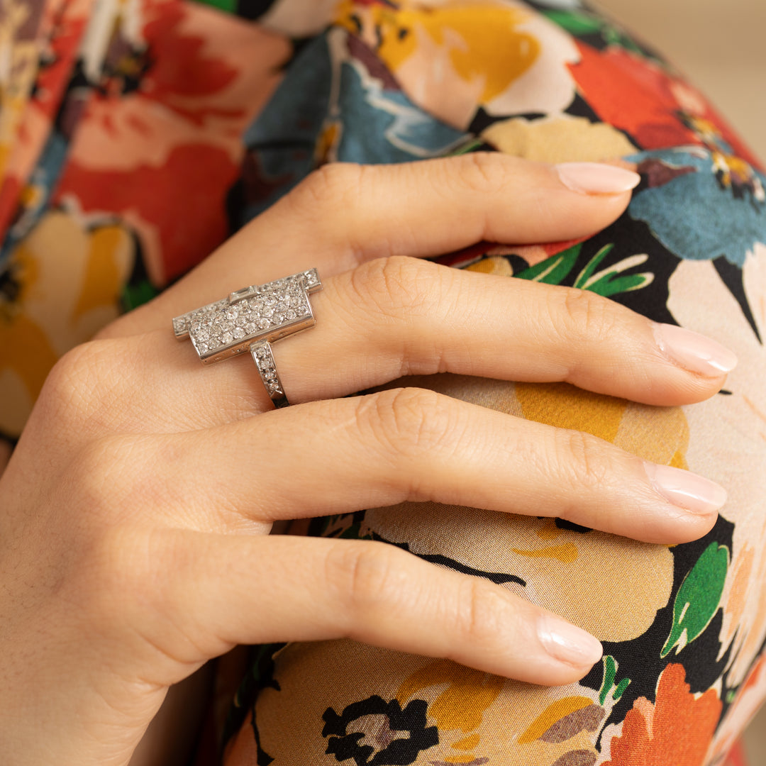 French Art Deco Asymmetrical Diamond and 18K White Gold Ring