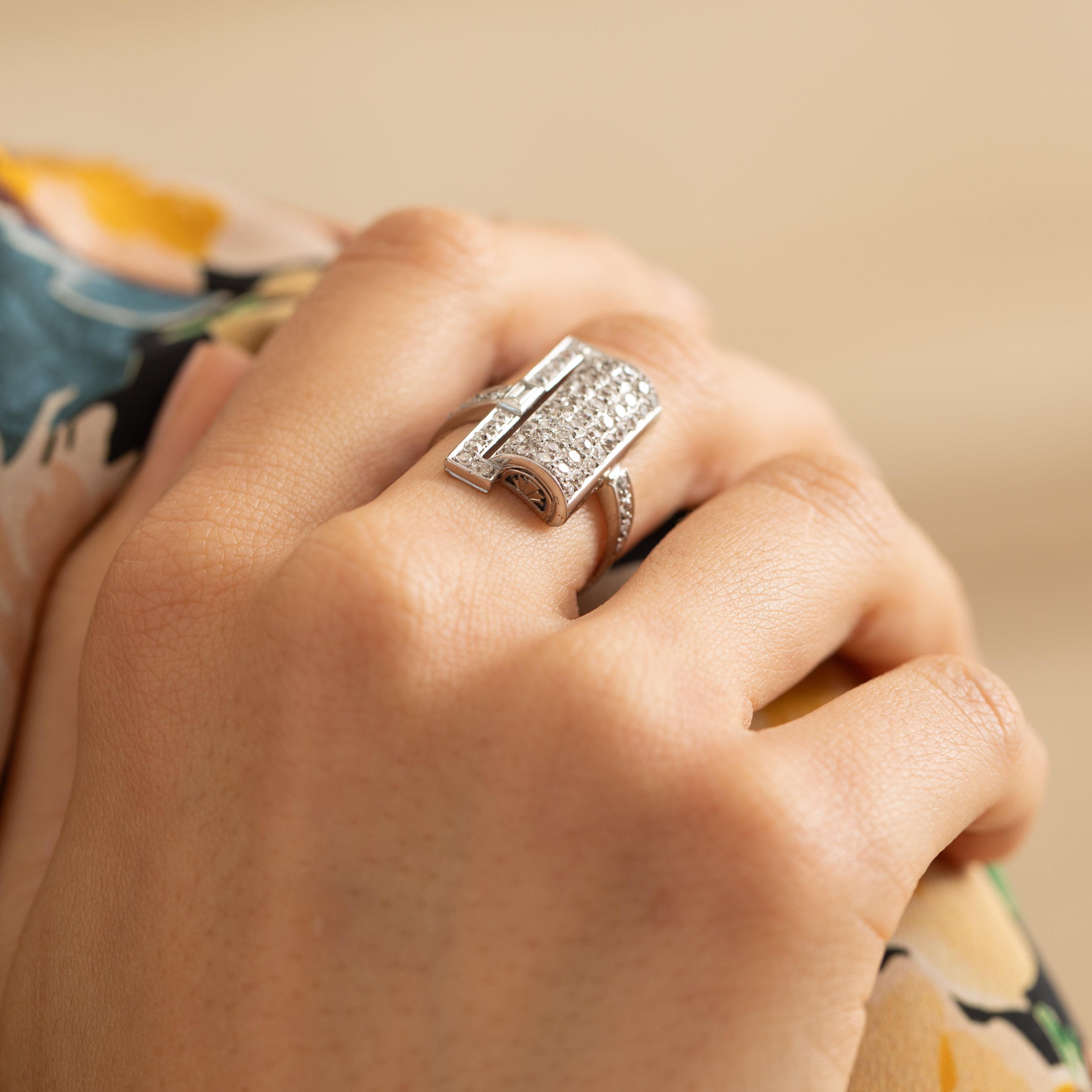 French Art Deco Asymmetrical Diamond and 18K White Gold Ring