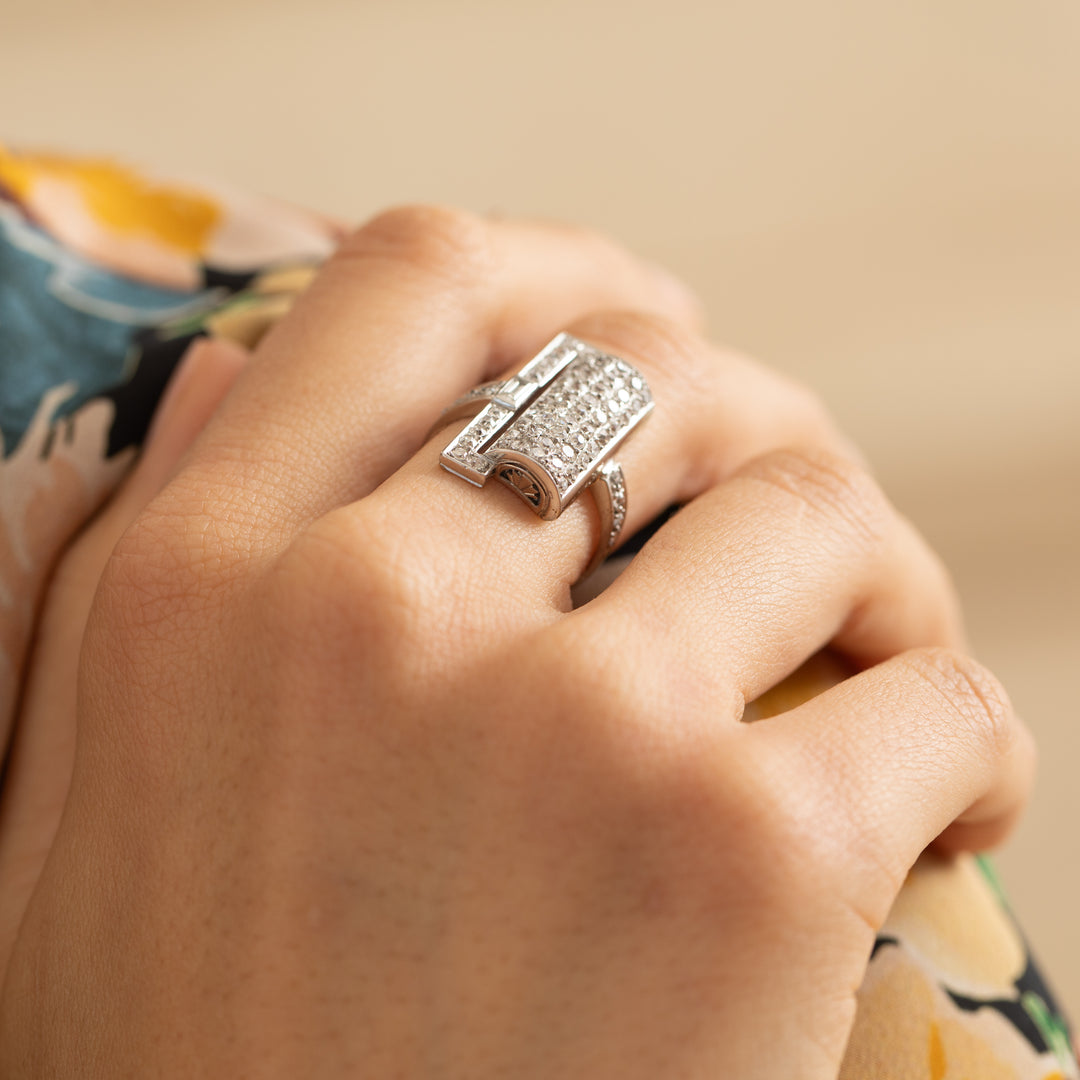 French Art Deco Asymmetrical Diamond and 18K White Gold Ring