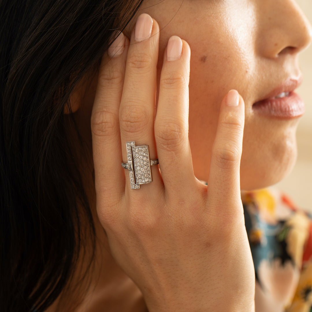 French Art Deco Asymmetrical Diamond and 18K White Gold Ring