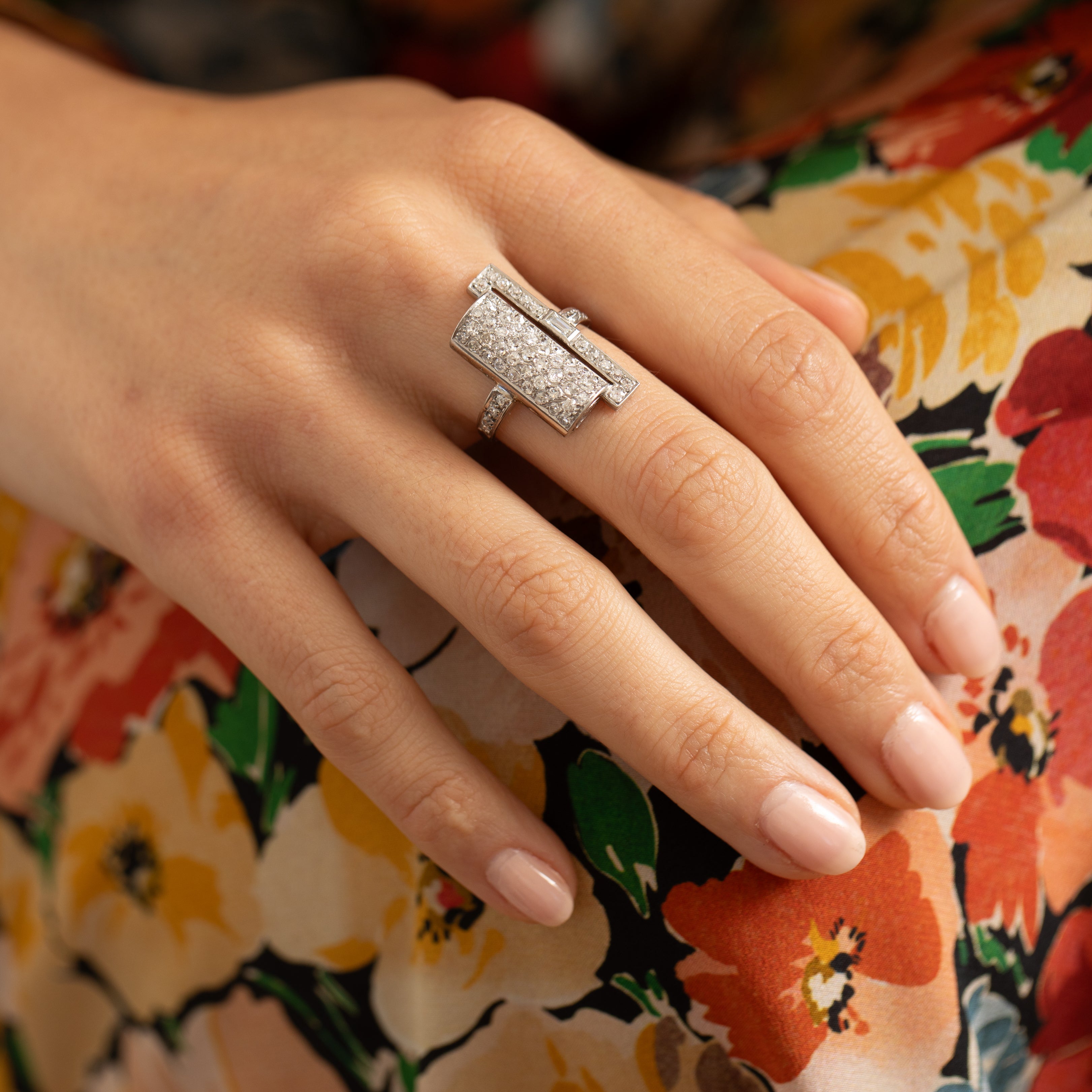 French Art Deco Asymmetrical Diamond and 18K White Gold Ring