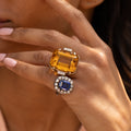 Large Sapphire, Diamond, Silver, and 14K Yellow Gold Cluster Ring