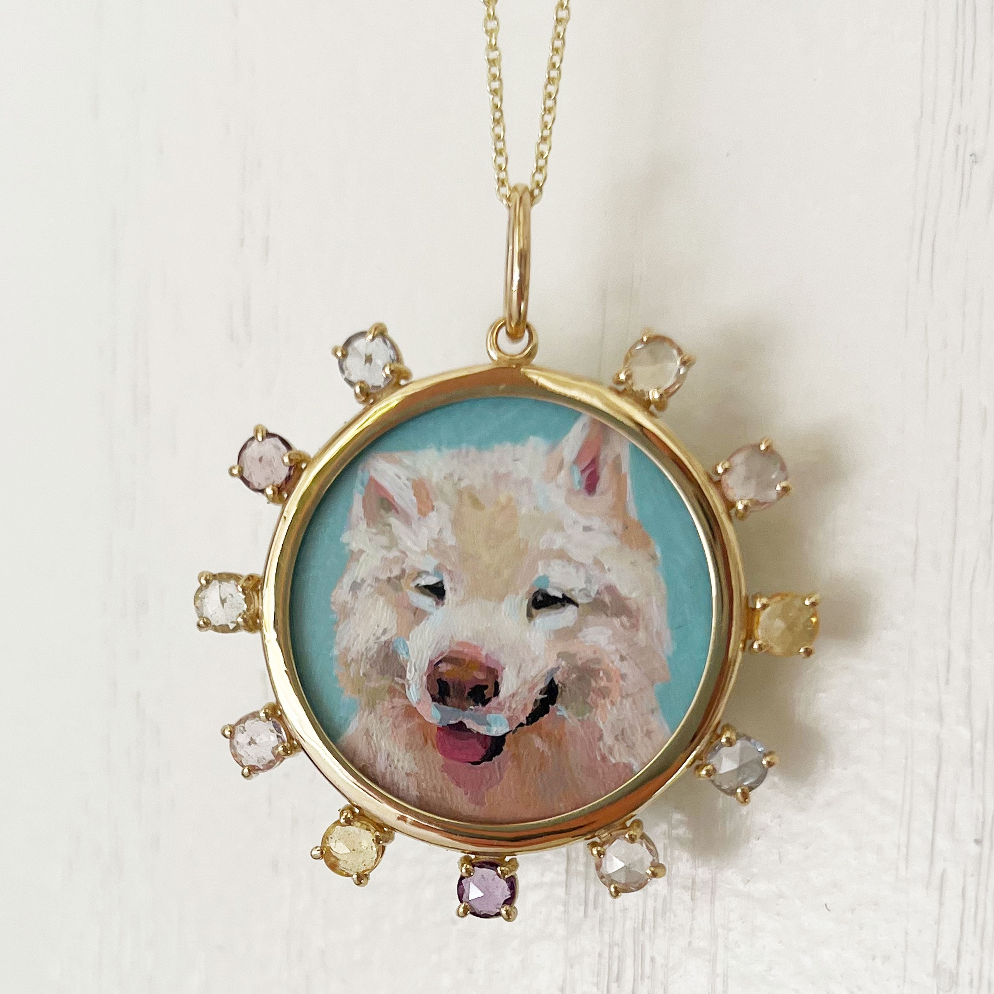 The F&B Custom Hand-Painted Pet Portrait Necklace With Rose Cut Sapphires