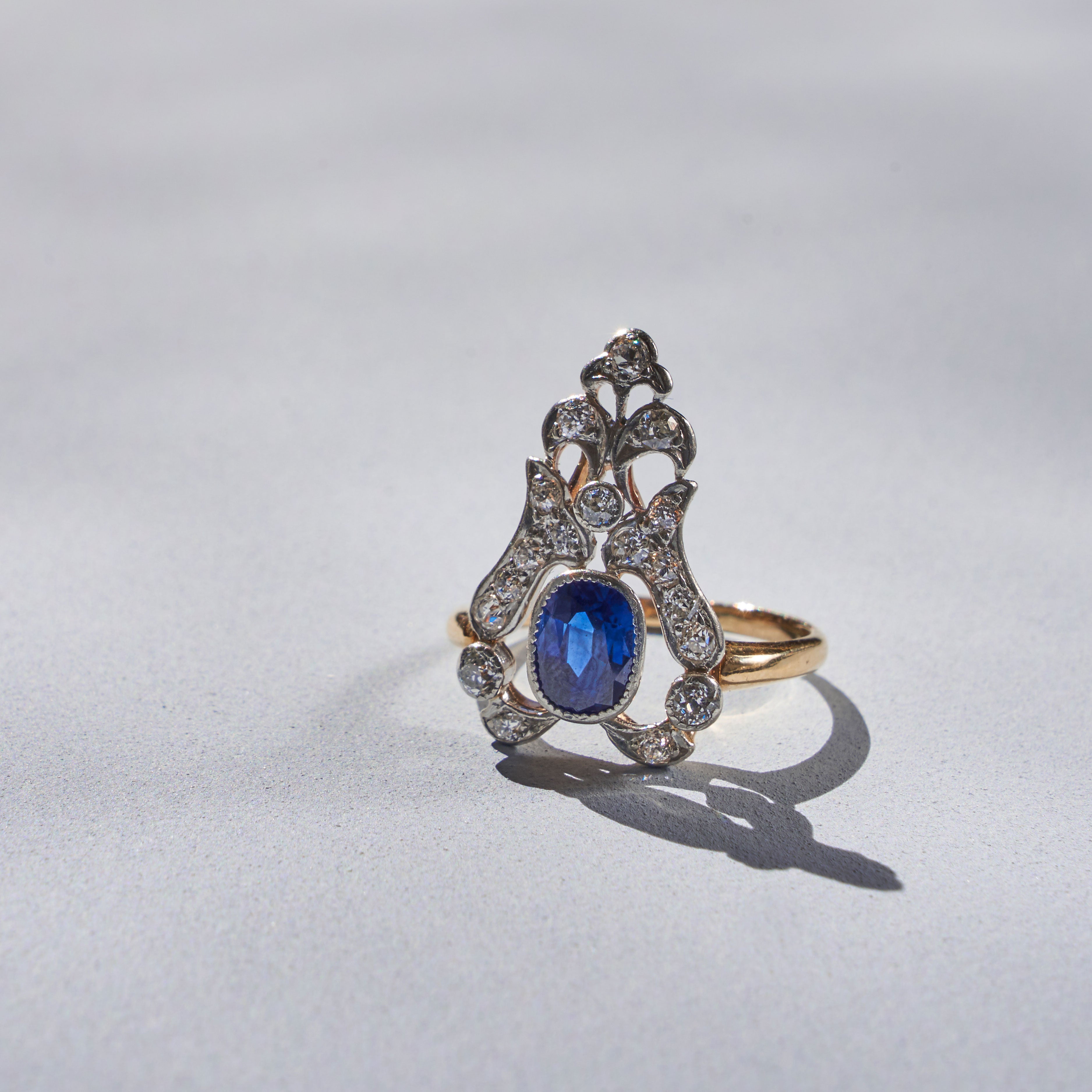 Edwardian Sapphire, Diamond, Platinum, And 14k Gold Tiara Ring
