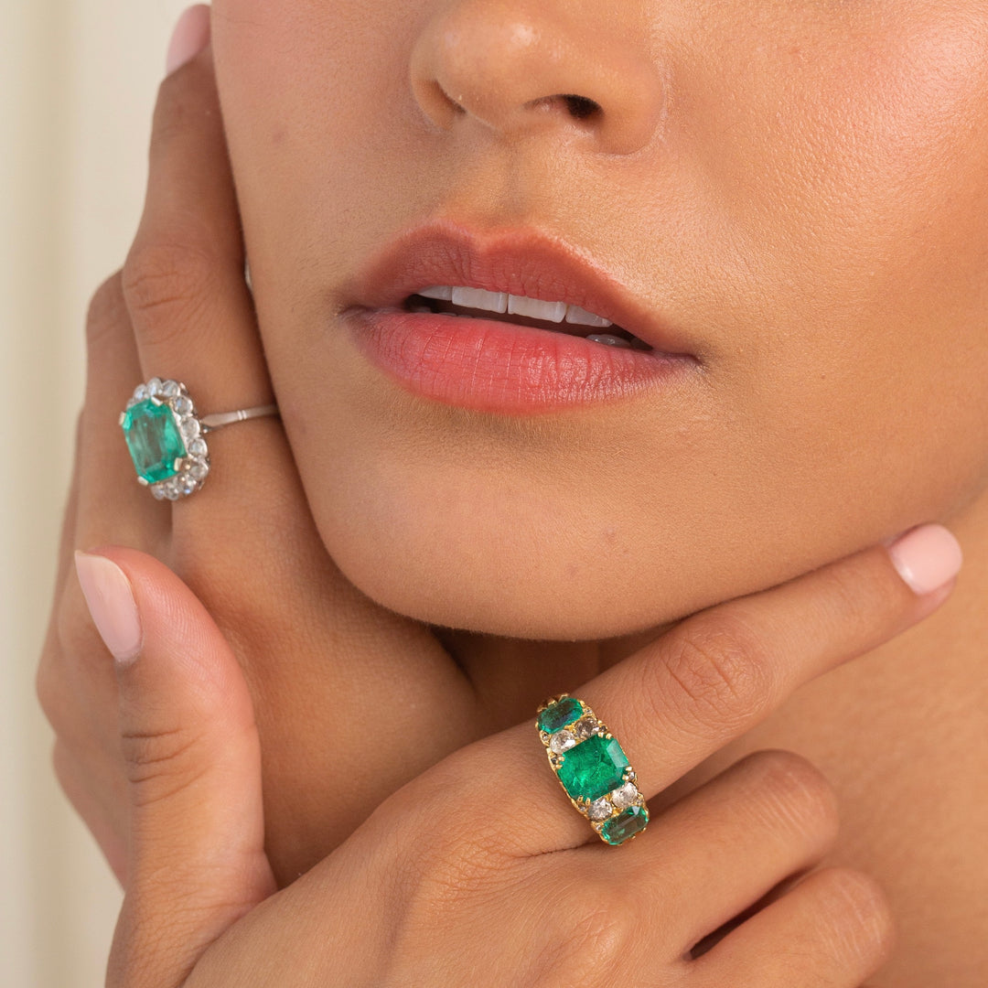Victorian Three-Stone Emerald, Diamond, and 18k Gold Ring
