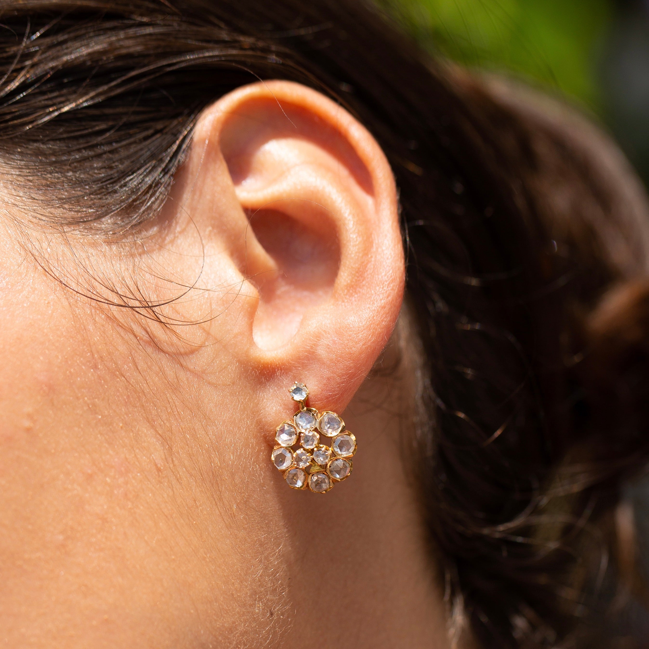 Victorian Rose Cut Diamond and 14k Gold Cluster Earrings