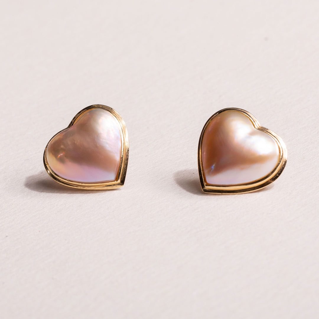 Heart Shaped Mabe Pearl and 14K Gold Earrings