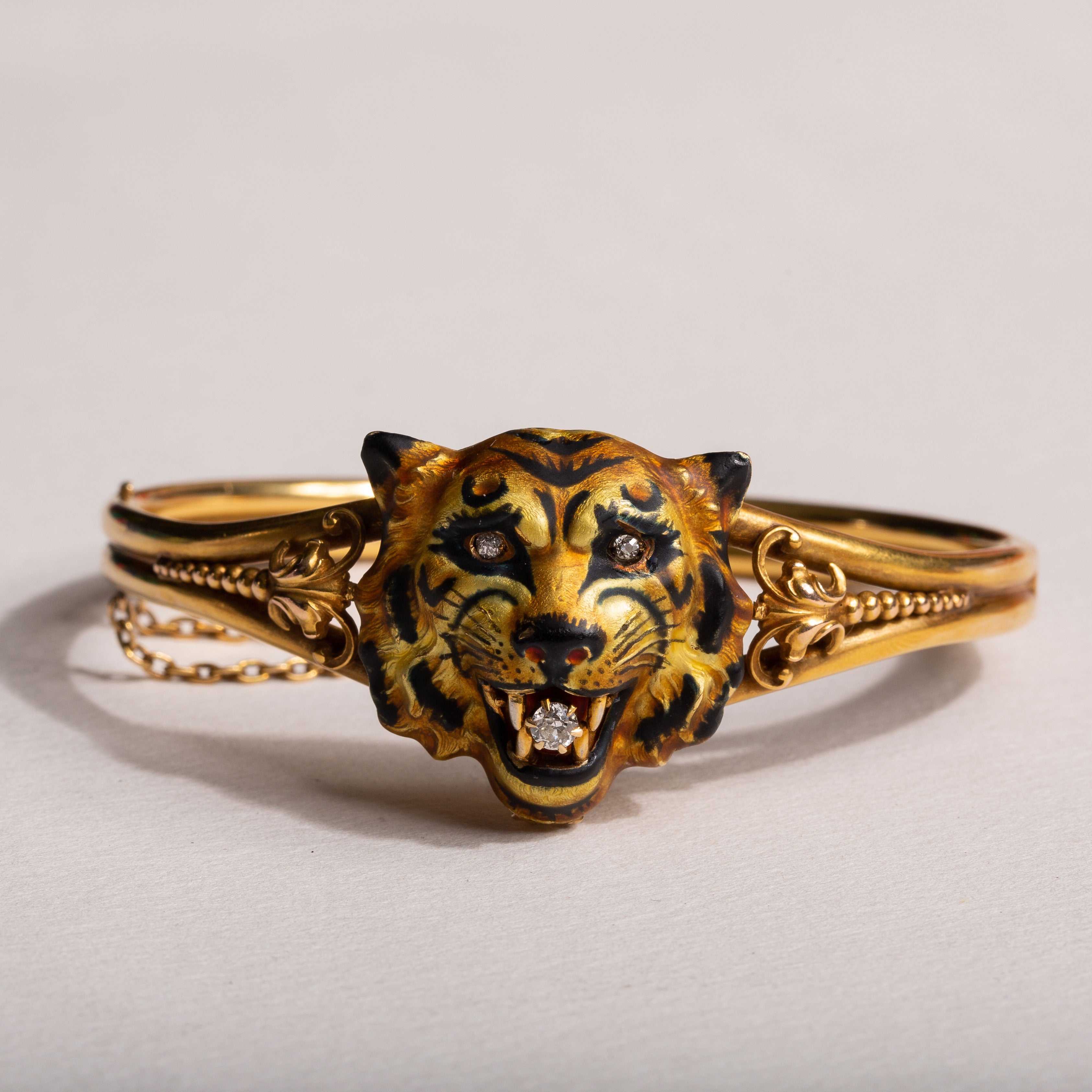 Victorian Enamel, Diamond, and 14k Gold Tiger Locket Bracelet