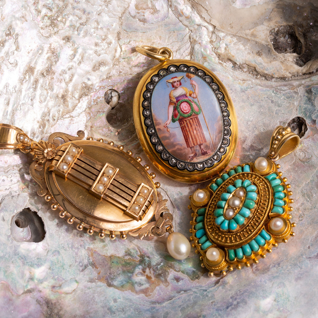 Victorian Turquoise and Pearl Open-Back 18k Gold Locket