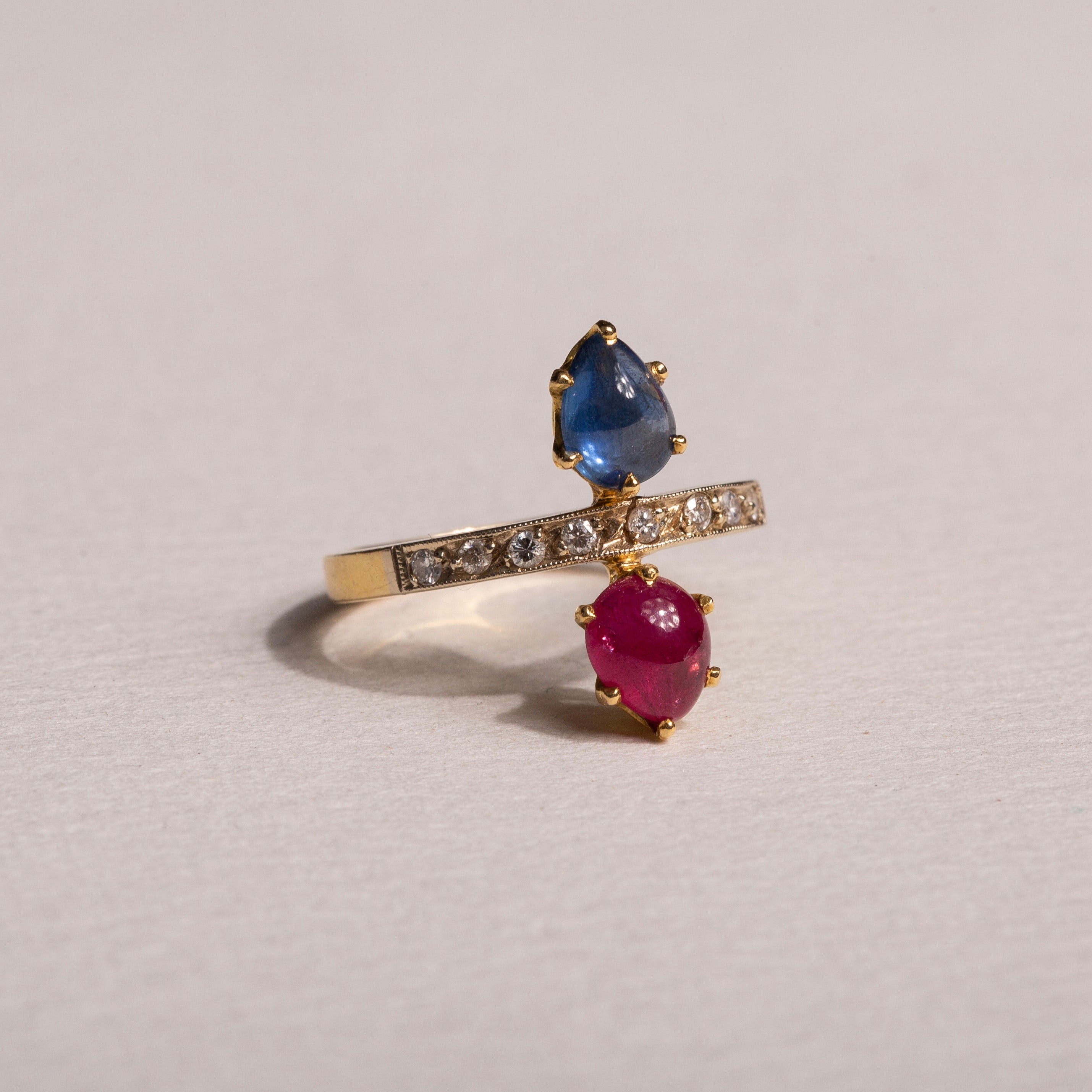 French Ruby and Sapphire Toi et Moi 18k Gold Ring