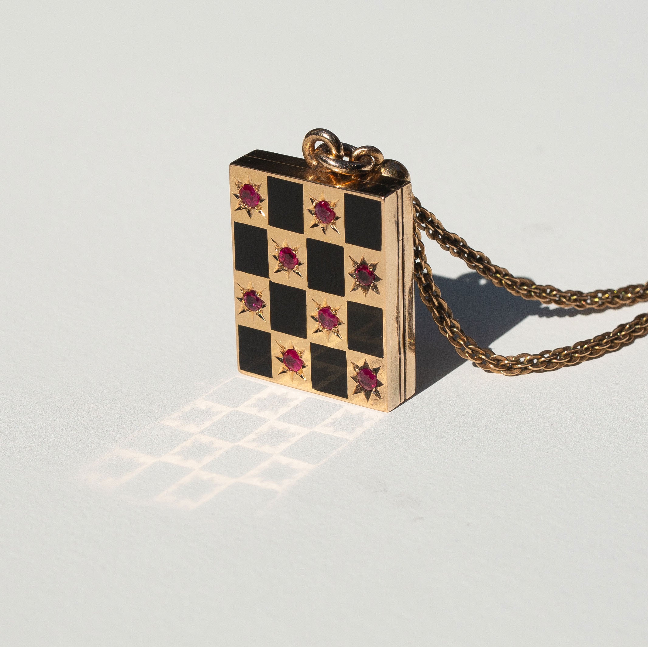 Victorian Ruby, Enamel, and 14k Gold Checkerboard Locket