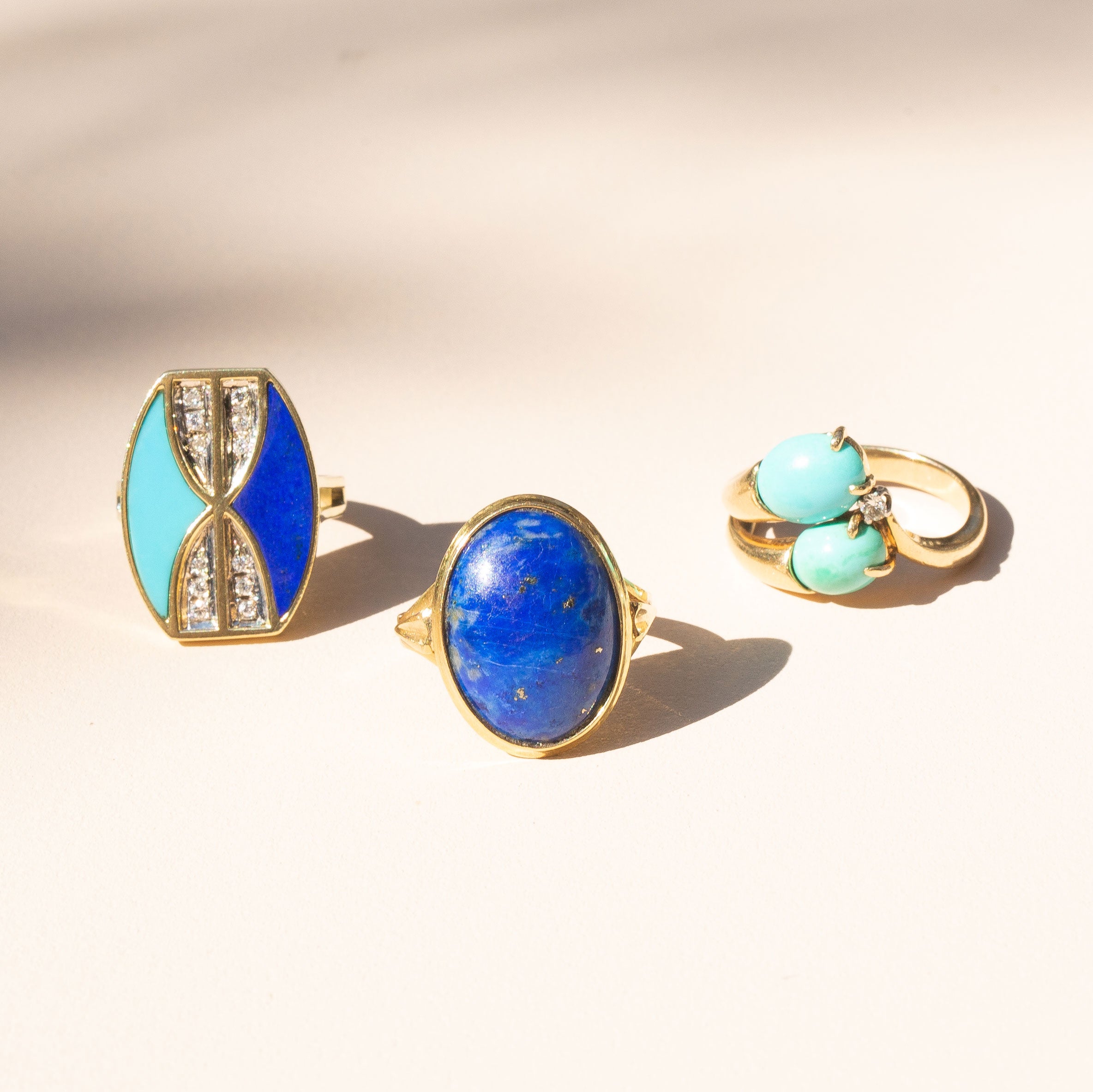 Modernist Lapis, Turquoise, and Diamond 14K Gold Ring