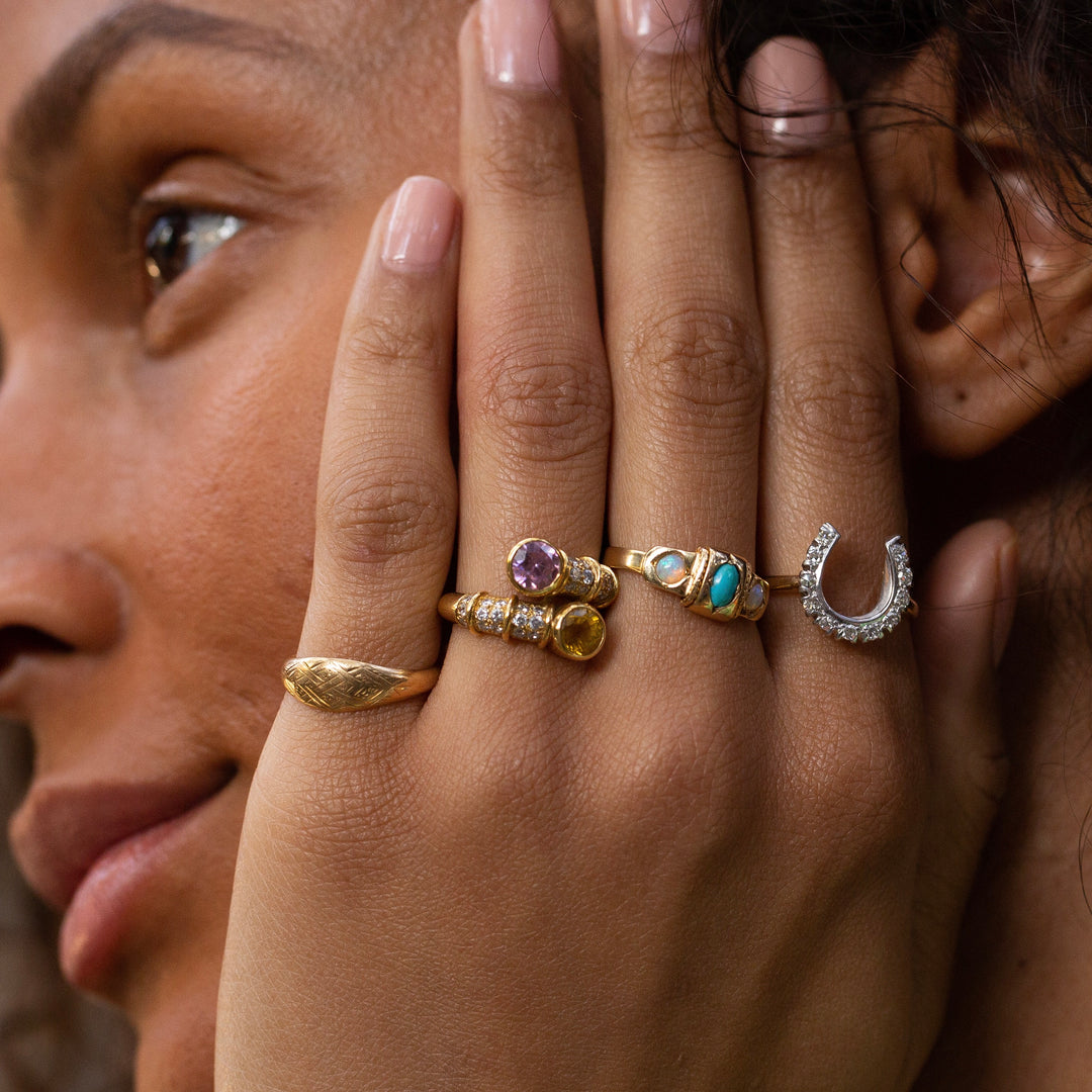 English Turquoise, Opal, and 18k Gold Gypsy Ring