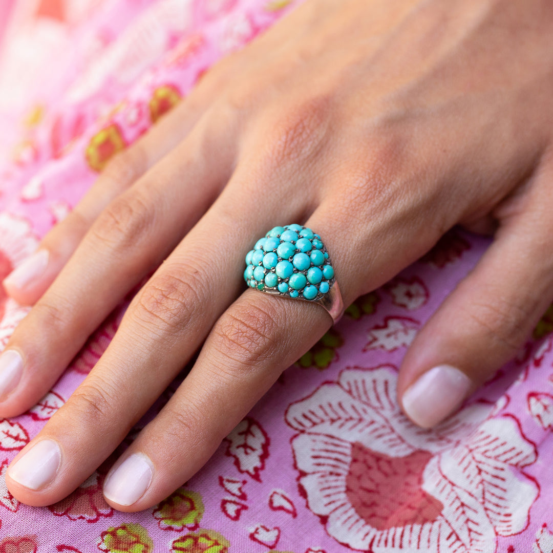 Victorian Turquoise Pavé, 9k Gold, and Silver Dome Ring