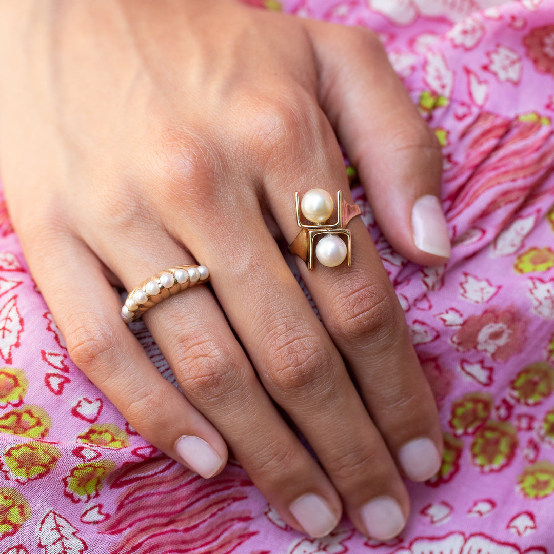 Sculptural Double Pearl and 14k Gold Ring