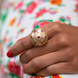 Large Retro Ruby, Diamond, and 14k Gold Starburst Dome Ring