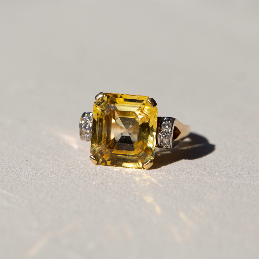 Asscher Cut 11.84 Carat Yellow Sapphire and Diamond Ring