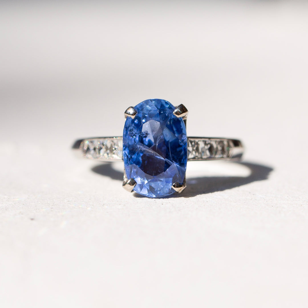 Art Deco Sapphire, French Cut Diamond, and Platinum Ring