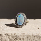 Art Deco Black Opal and Diamond 18k Gold Ring