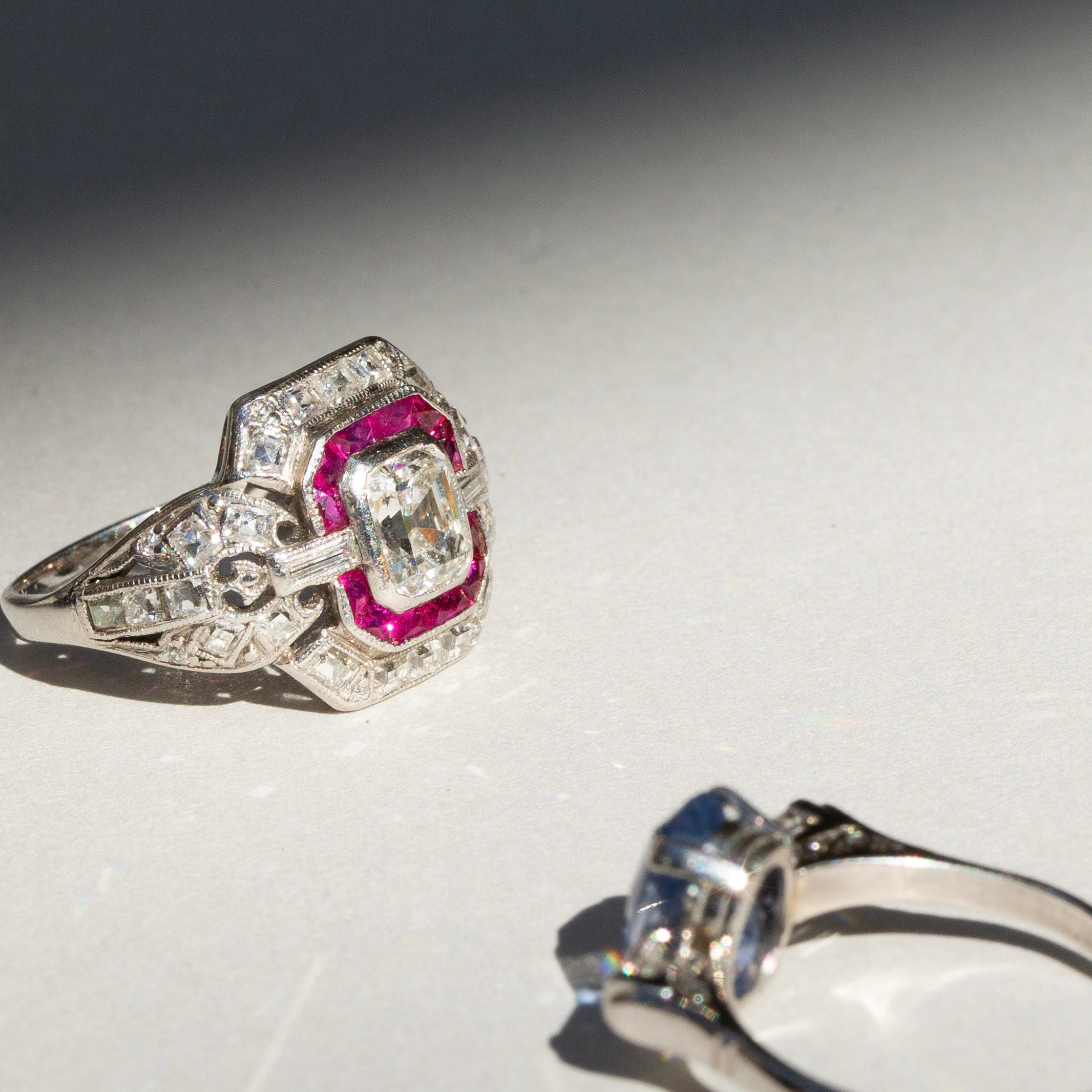 Art Deco Asscher Cut Diamond, Ruby, and Platinum Ring