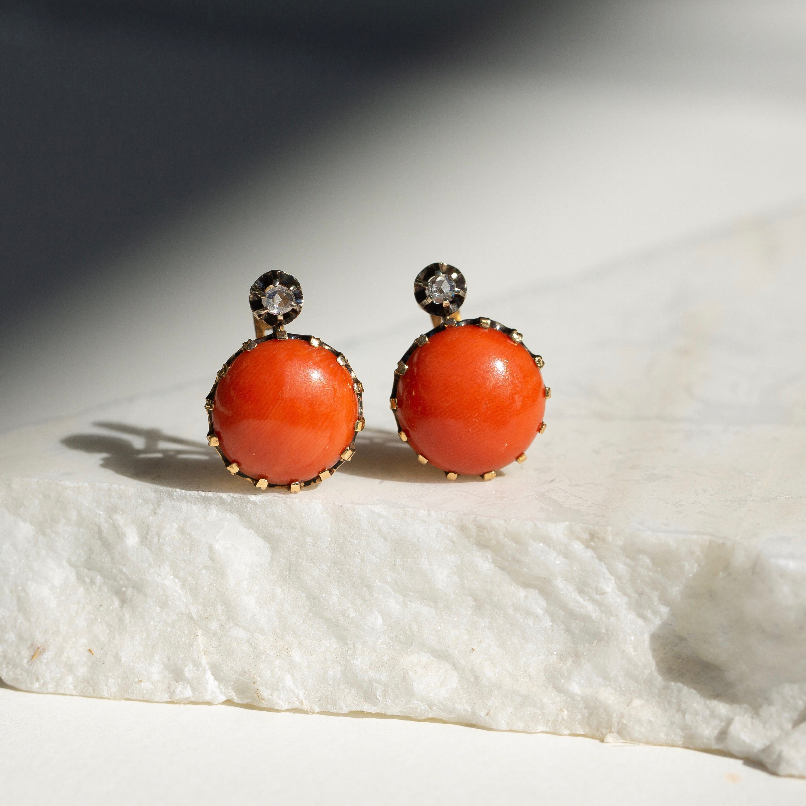 Victorian Coral, Diamond, and 18K Gold Drop Earrings