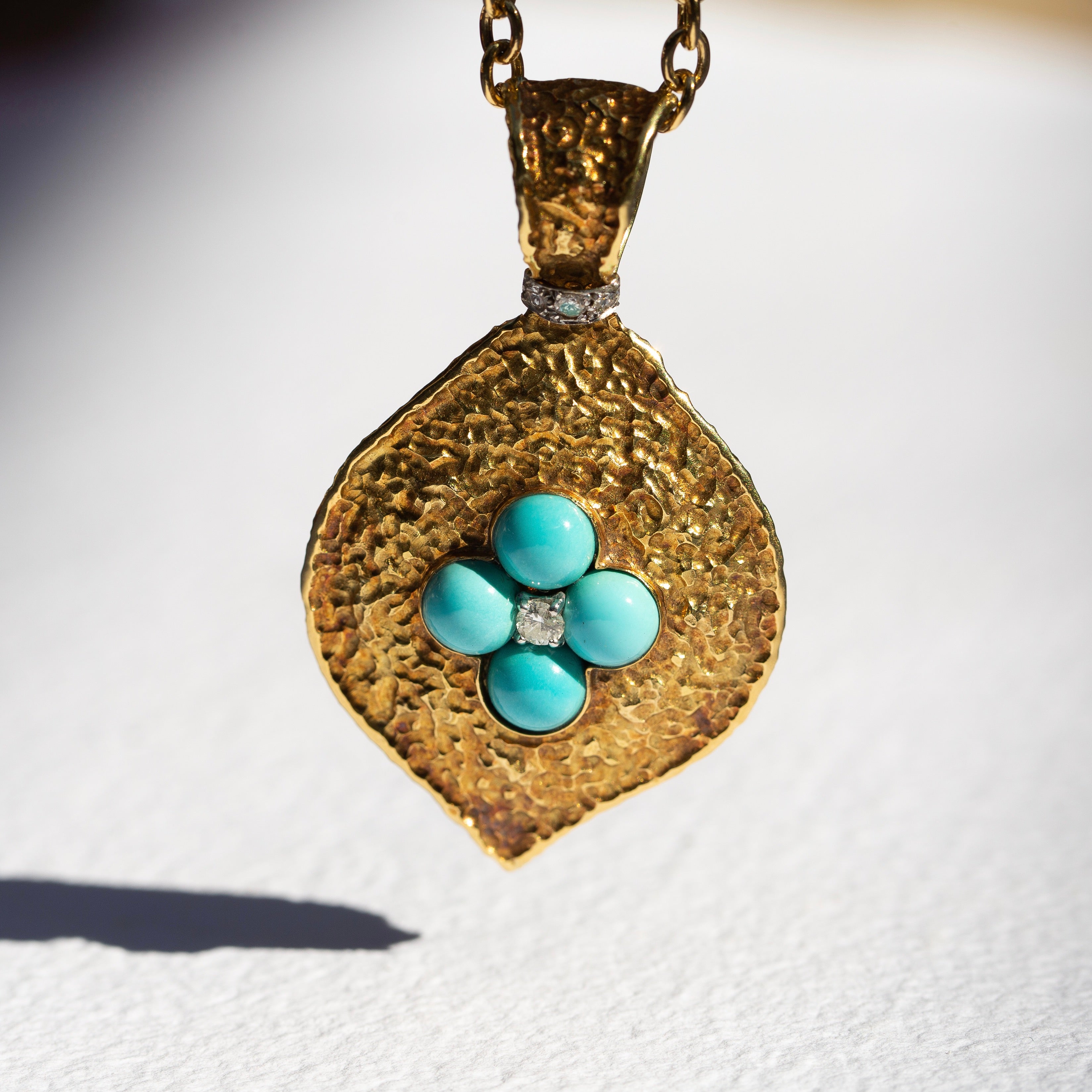 1970s Large Turquoise, Diamond, and 18K Gold Pendant