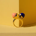 Coral, Lapis Lazuli, and 14k Gold Crossover Ring