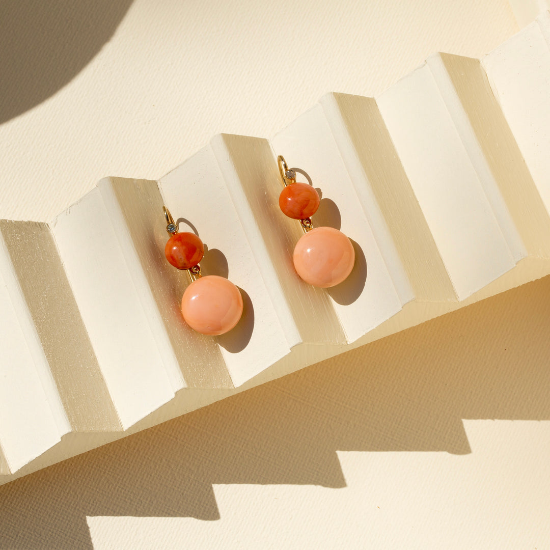 Double Coral Cabochon, Diamond, and 14k Gold Dangle Earrings