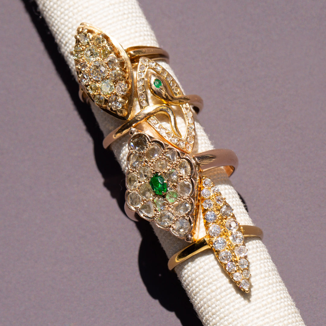 Navette Diamond, Emerald, and 14k Gold Snake Ring