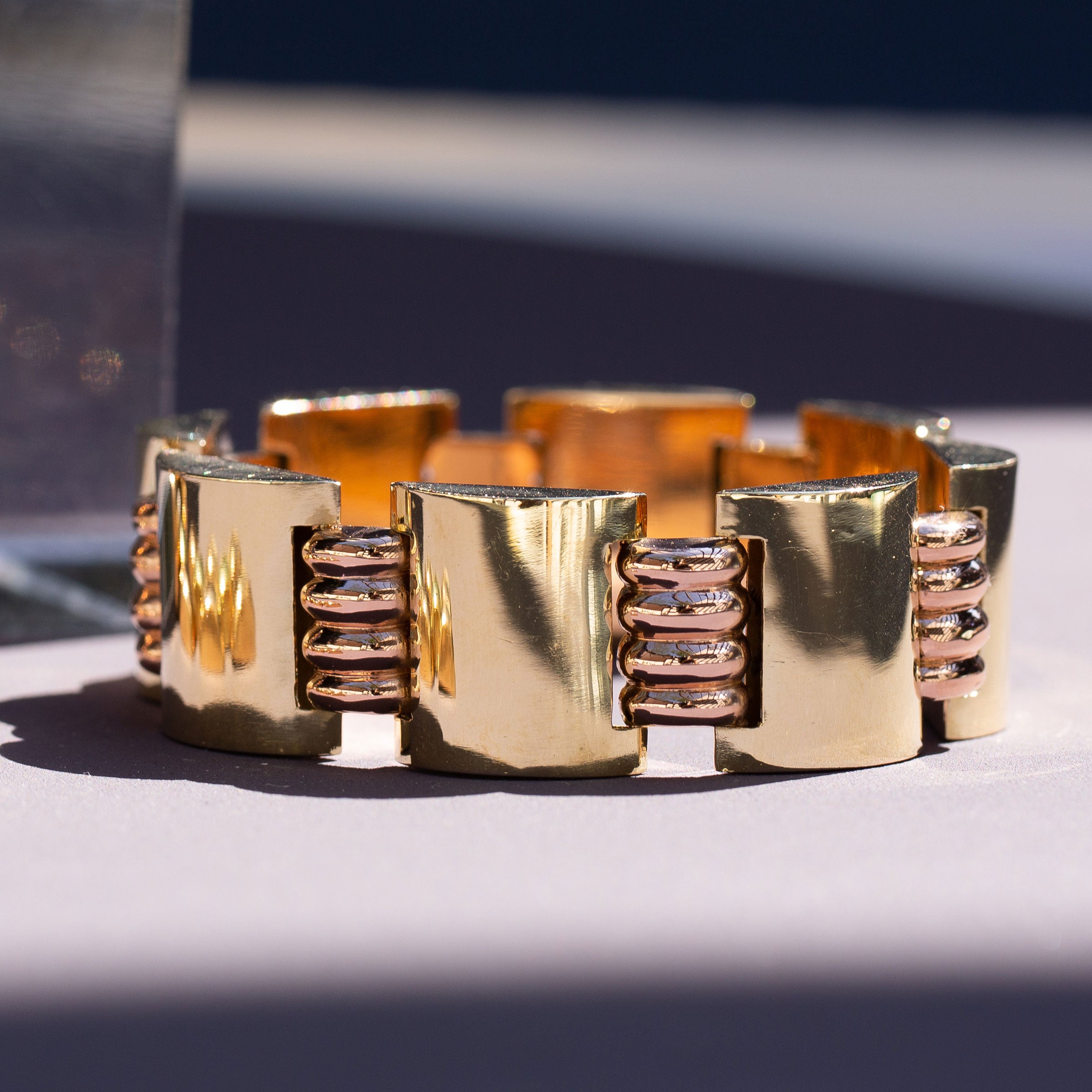 Retro Hungarian Green and Rose 14k Gold Link Bracelet