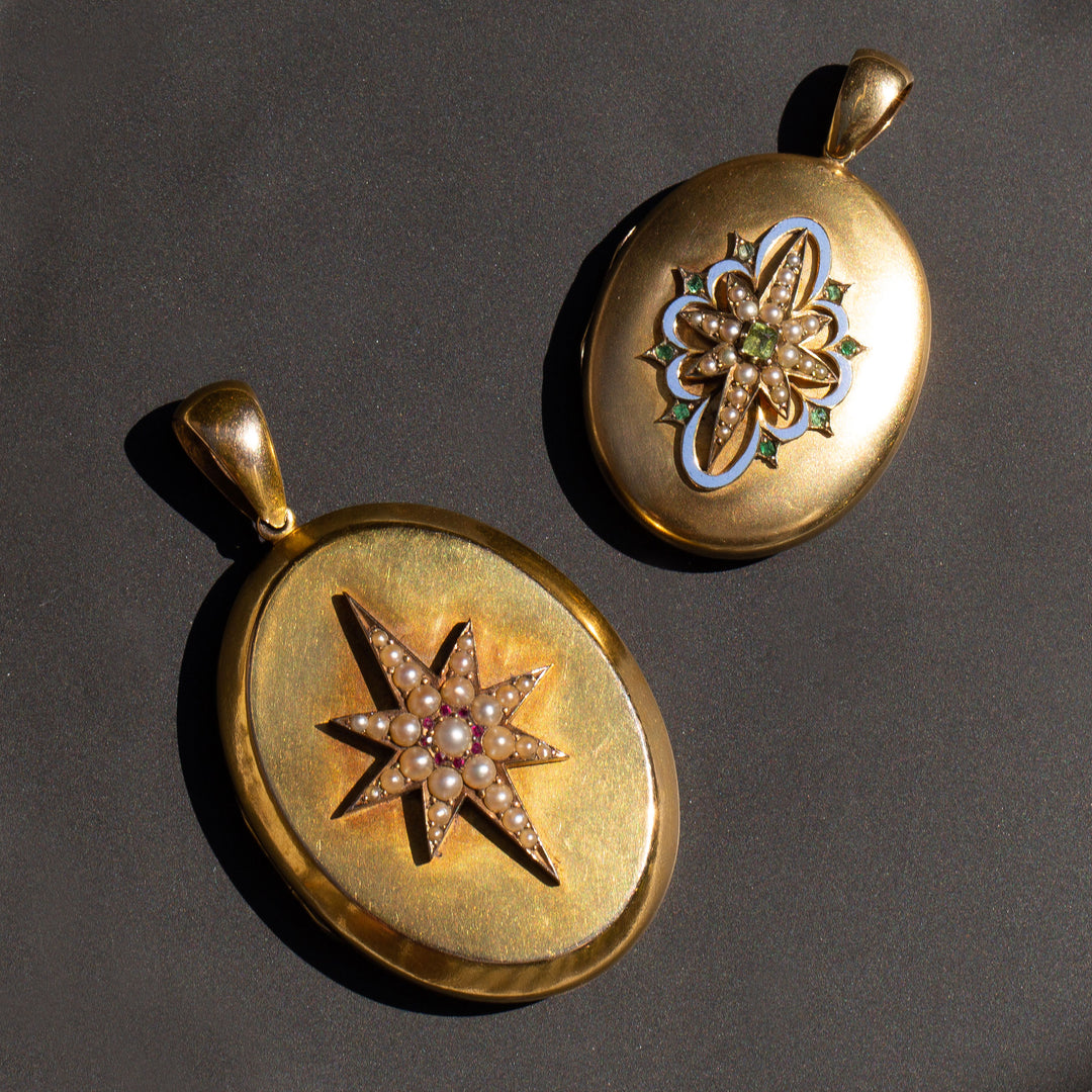 Victorian Pearl, Emerald, Enamel, And 14k Gold Starburst Locket