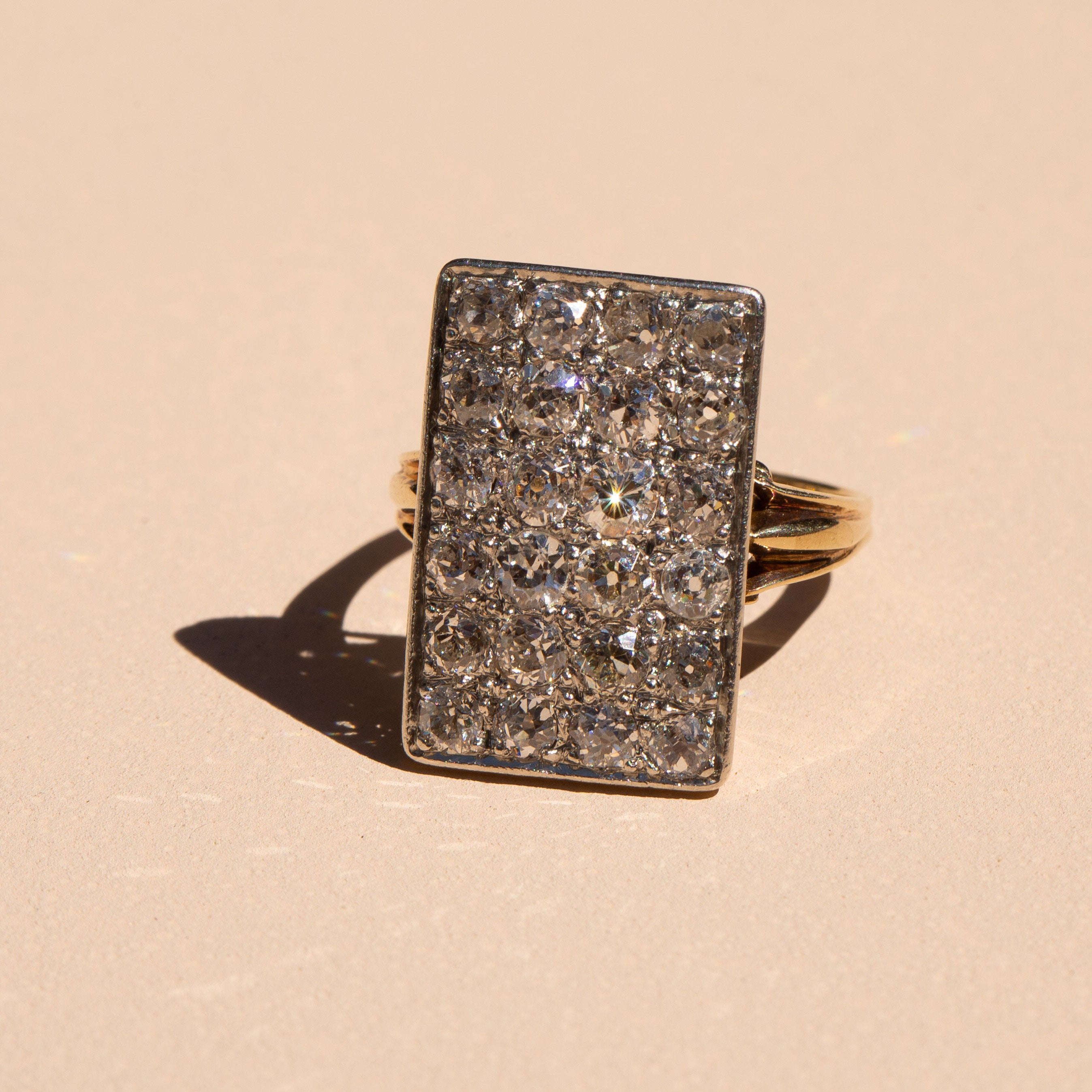 Old Mine Cut Diamond, Platinum, and Gold Rectangular Ring