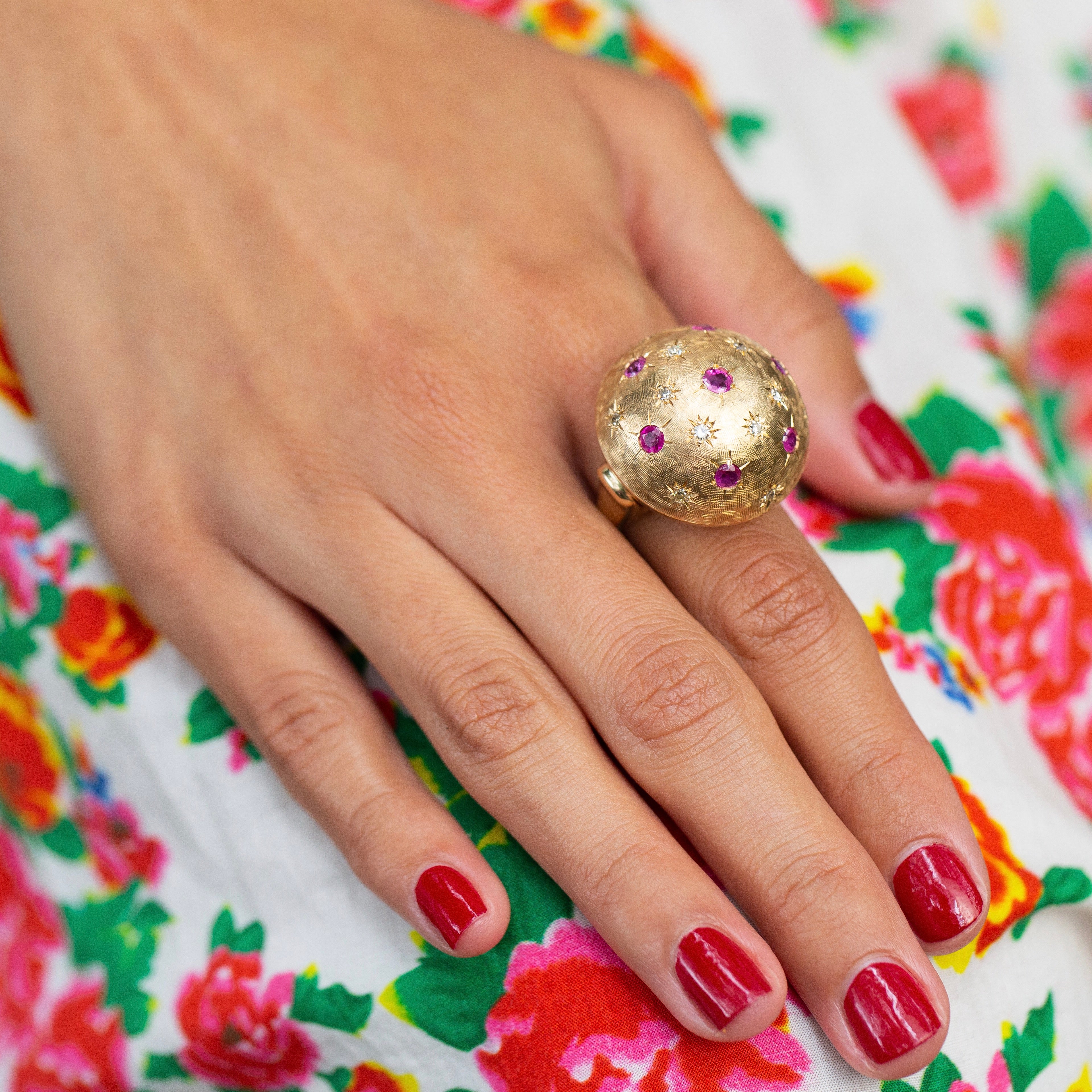 Large Retro Ruby, Diamond, and 14k Gold Starburst Dome Ring