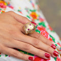 Large Retro Ruby, Diamond, and 14k Gold Starburst Dome Ring