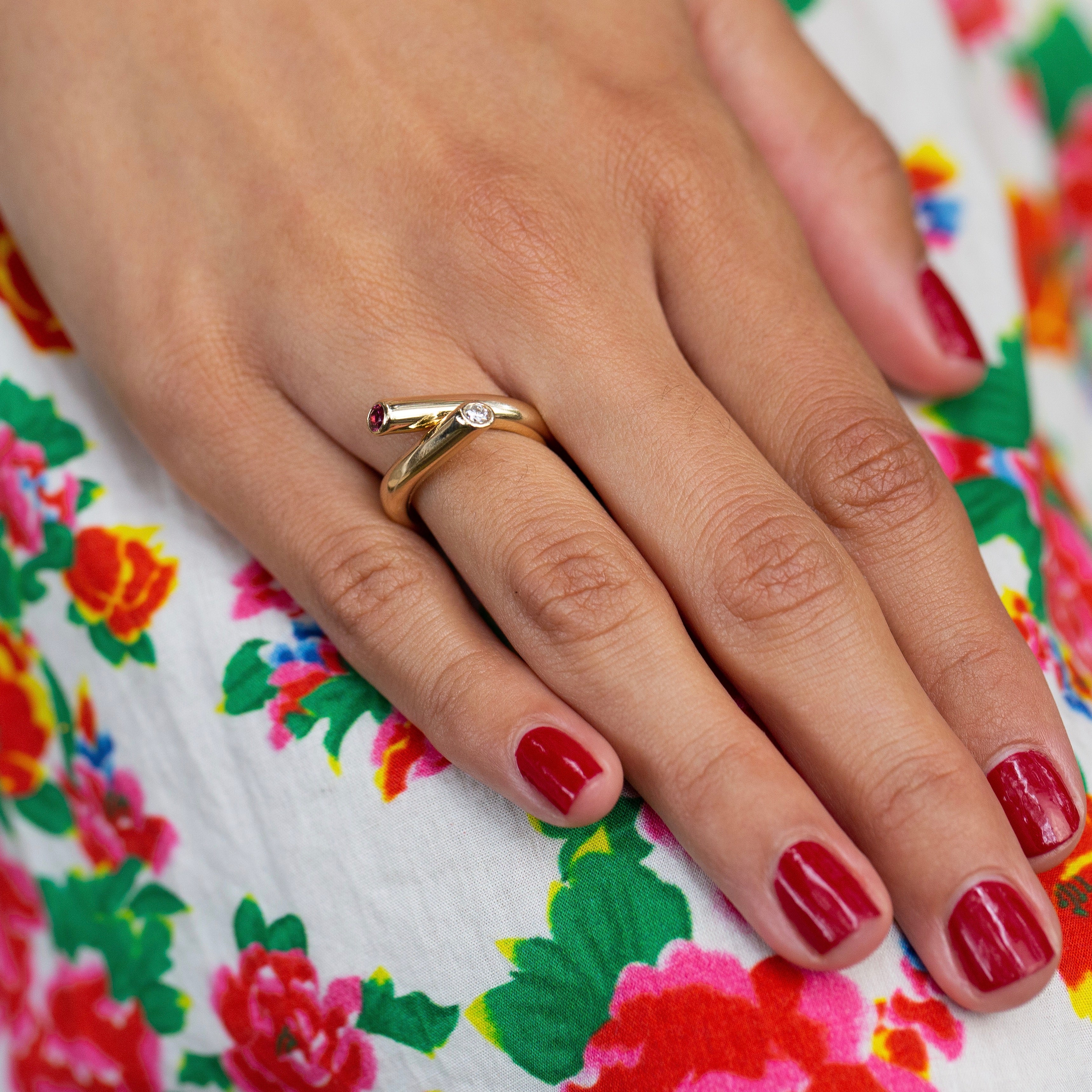 Diamond and Pink Tourmaline 14k Gold Crossover Ring