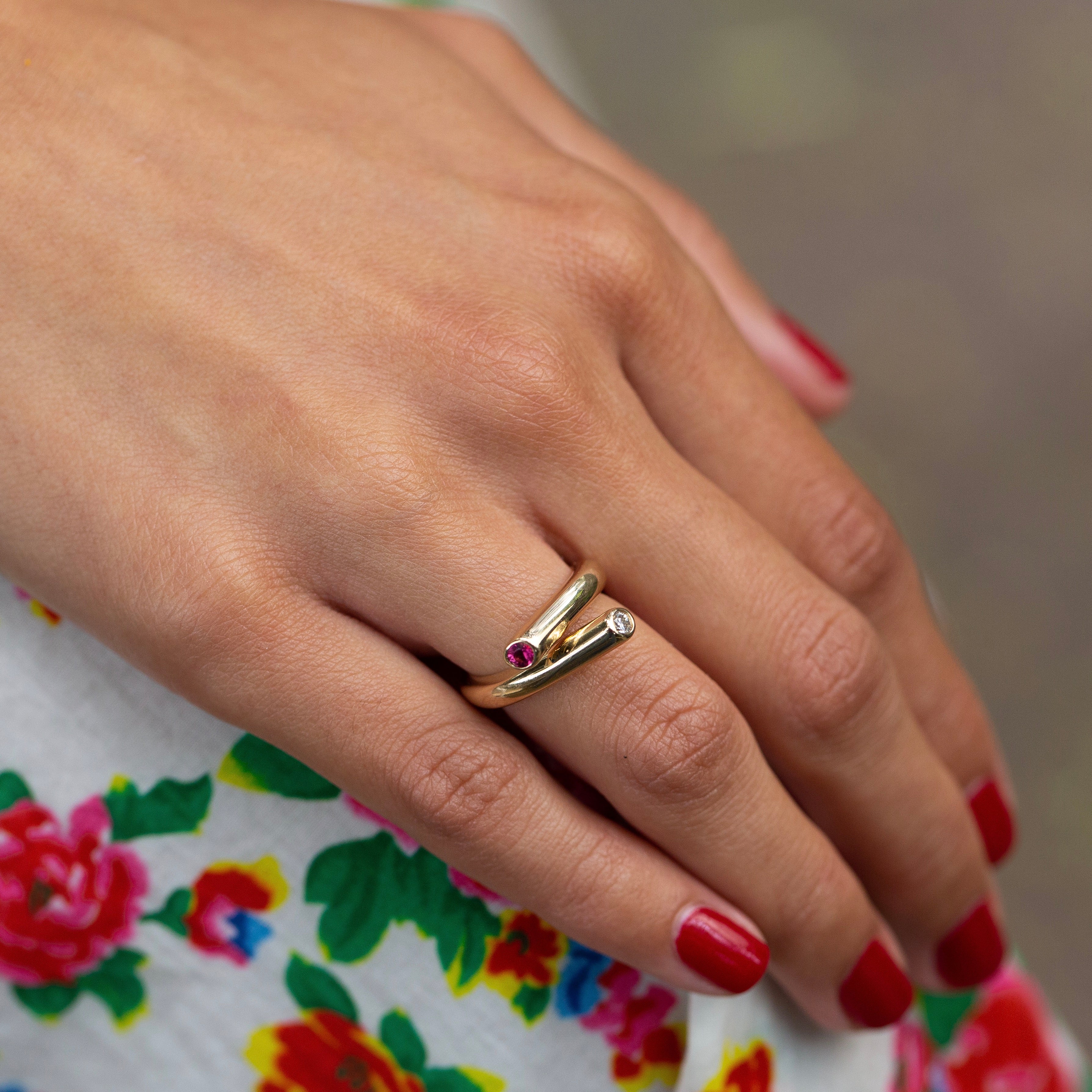 Diamond and Pink Tourmaline 14k Gold Crossover Ring