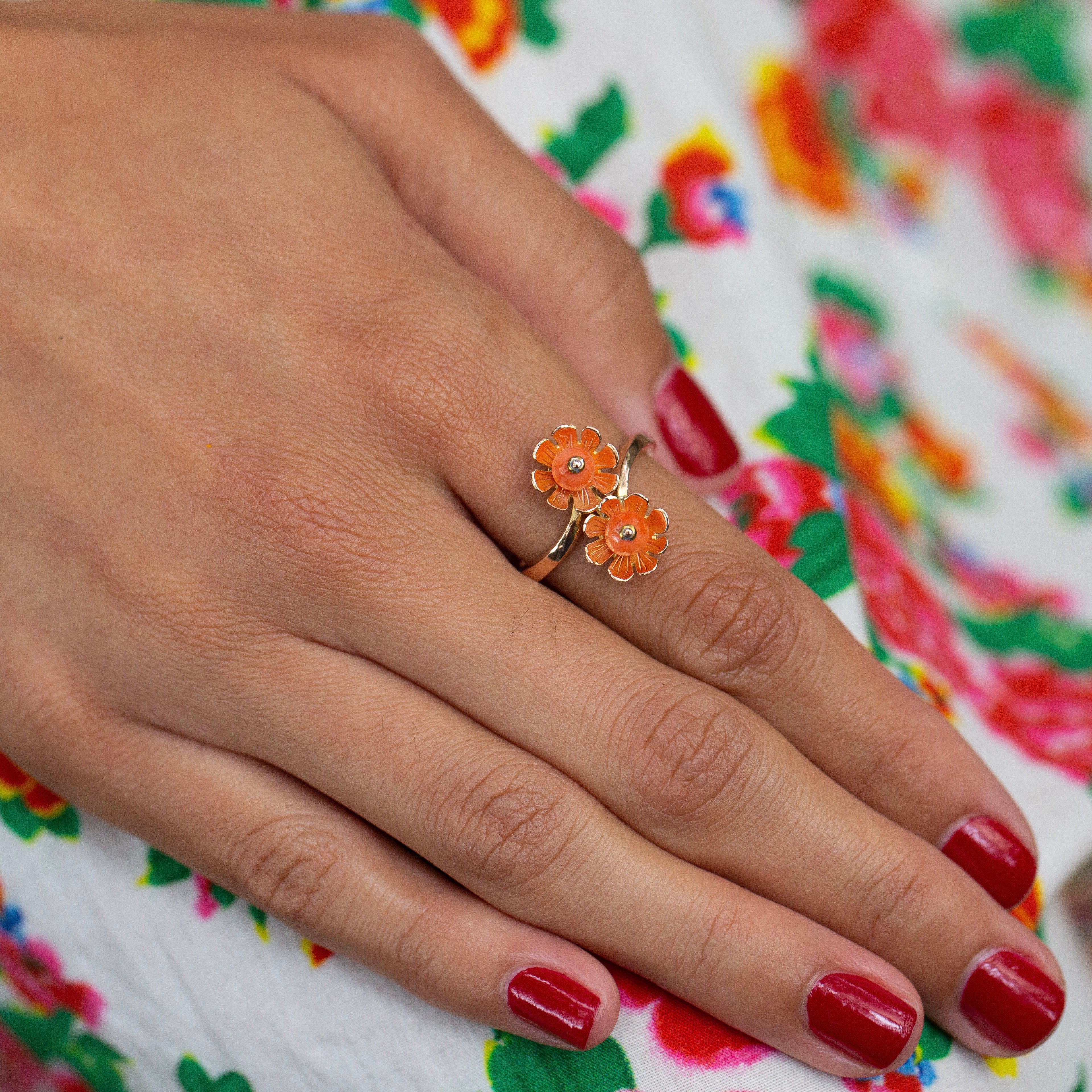Double Coral Flower and 14k Gold Ring