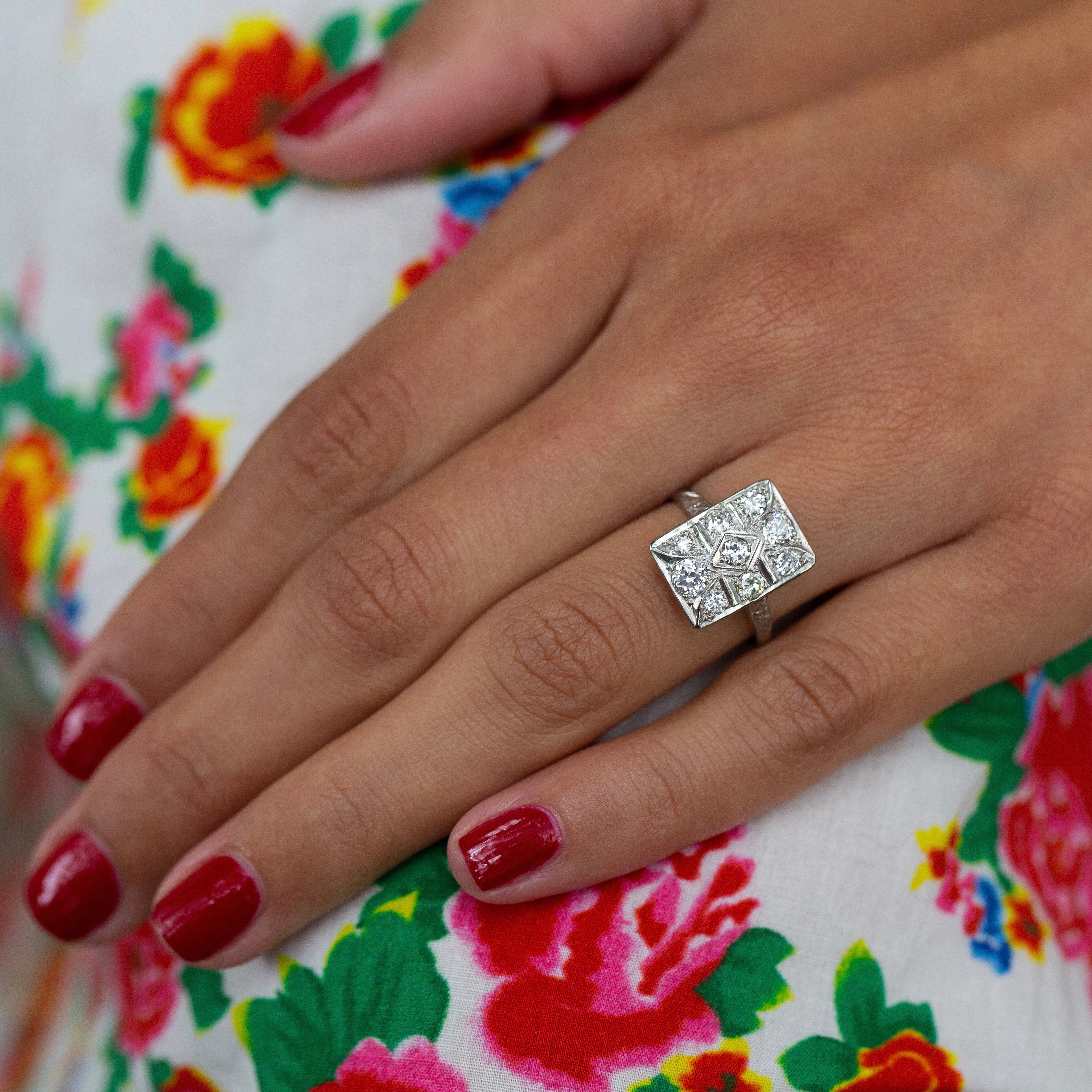 Old European Cut Diamond and 14k White Gold Rectangular Ring