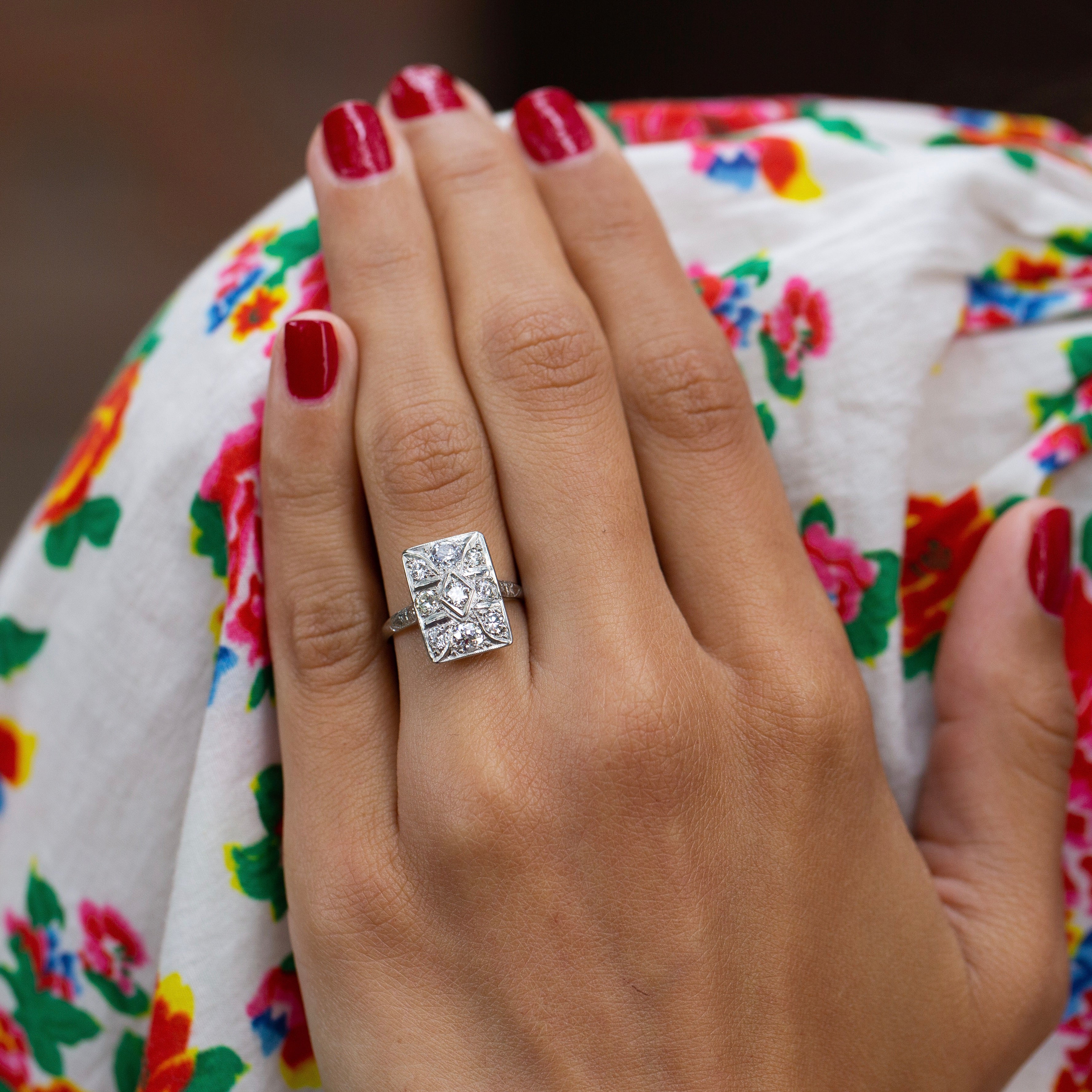 Old European Cut Diamond and 14k White Gold Rectangular Ring