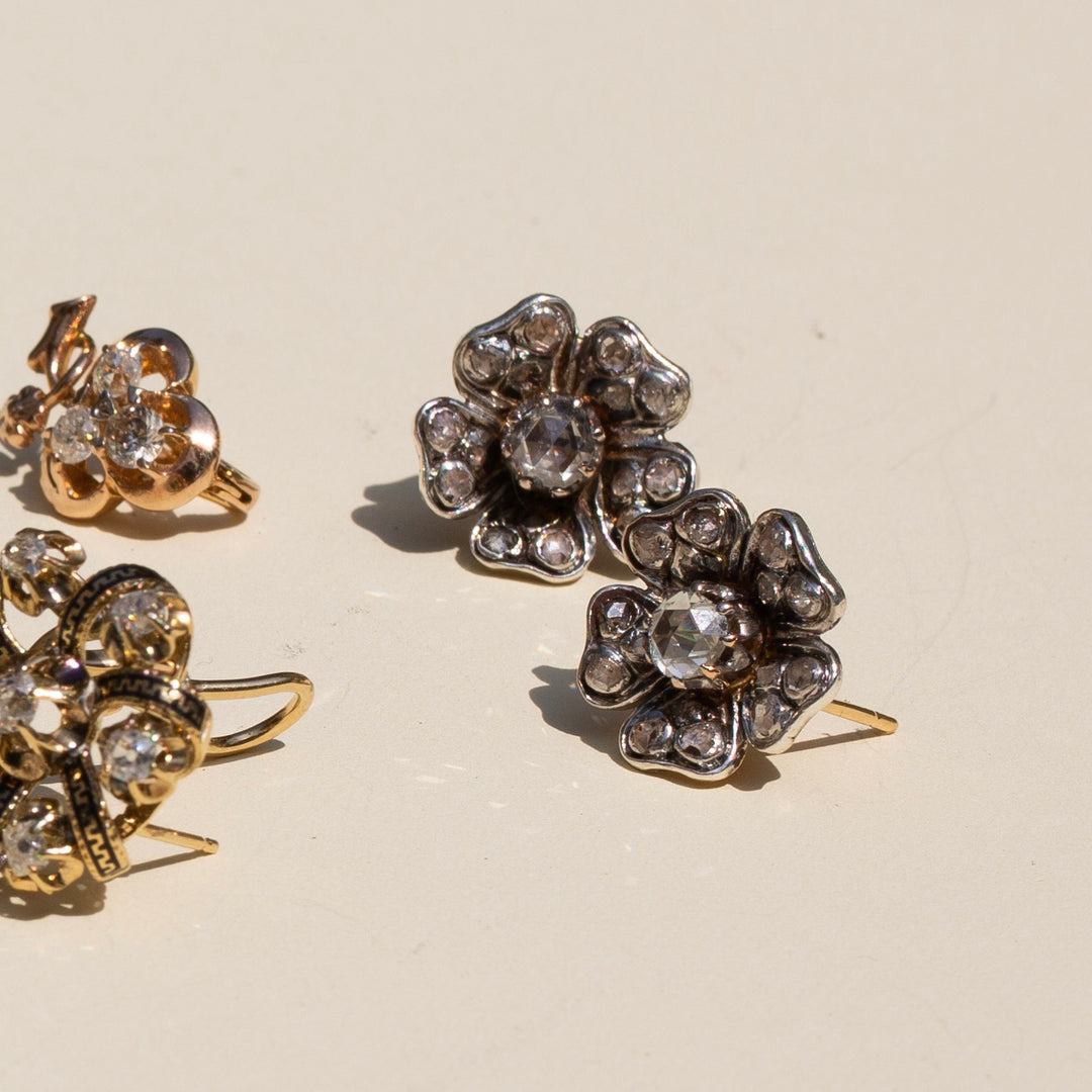 Victorian Rose Cut Diamond, Silver, and 18k Gold Flower Earrings
