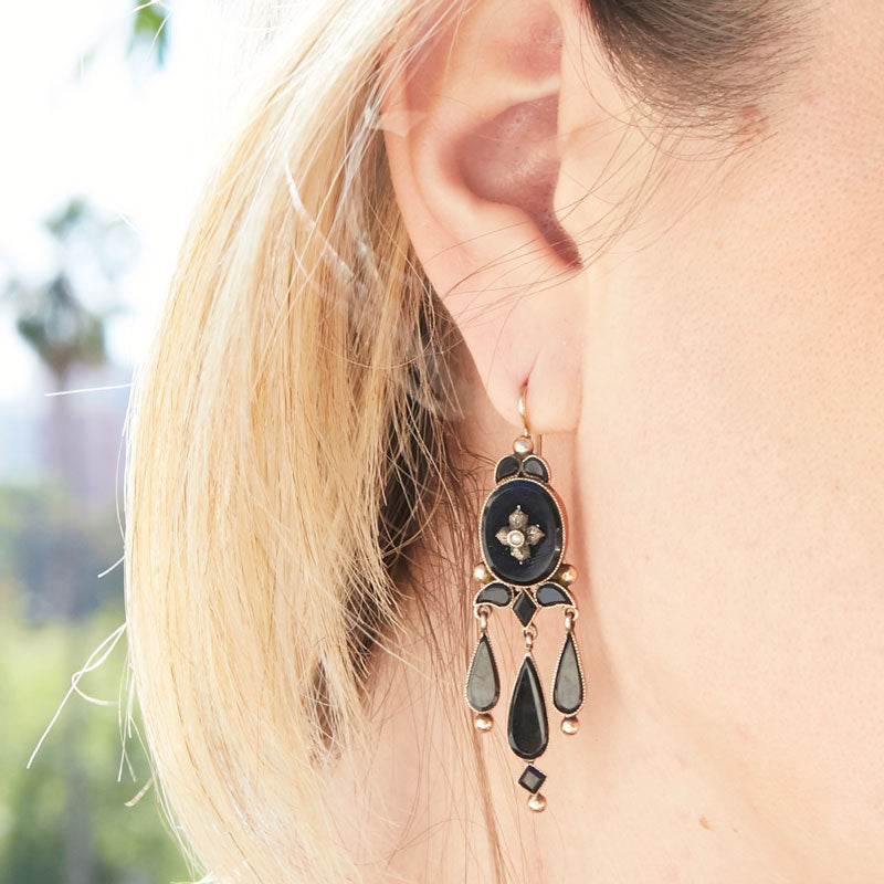 Victorian Onyx and 14K Gold Chandelier Earrings