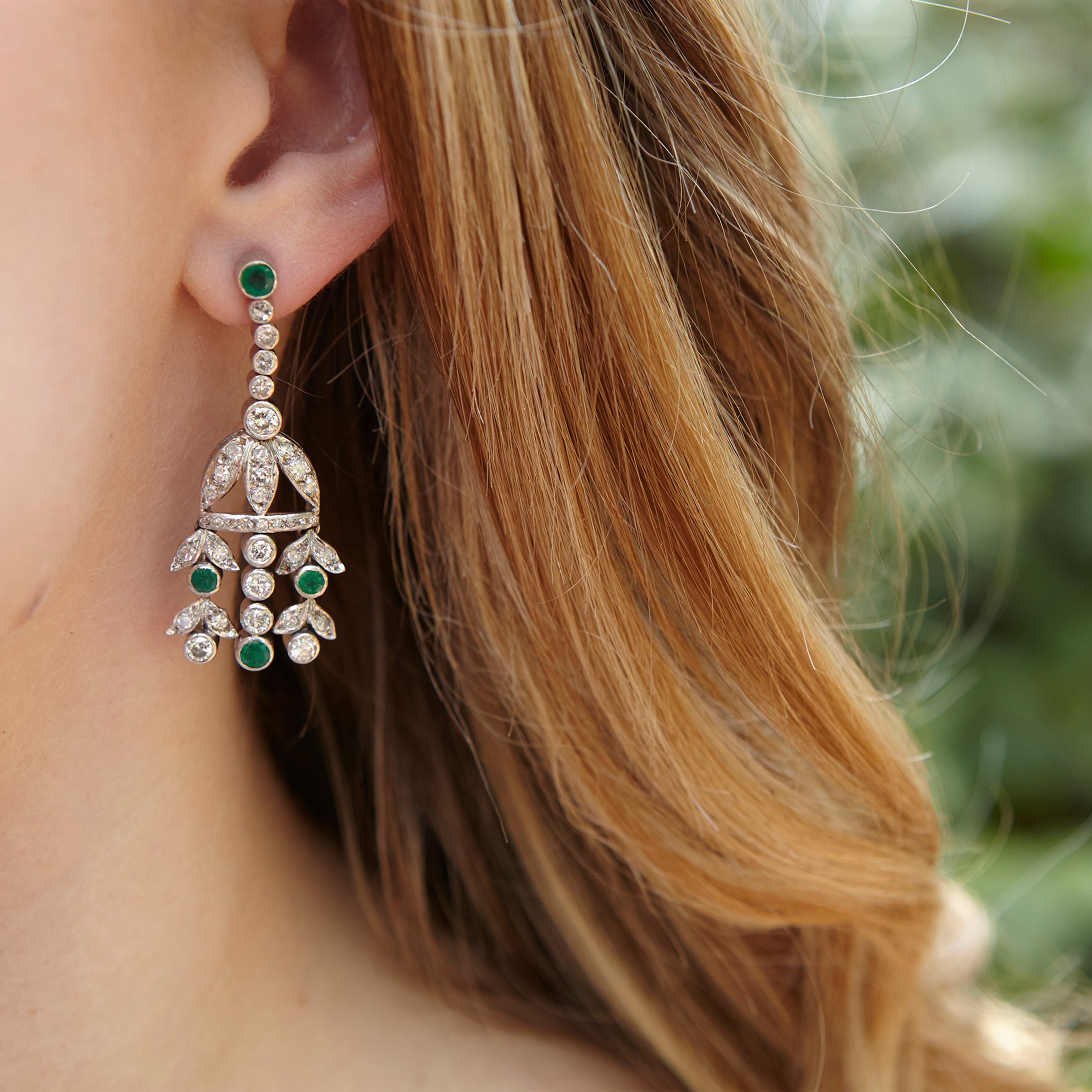 Diamond And Emerald Platinum Chandelier Earrings