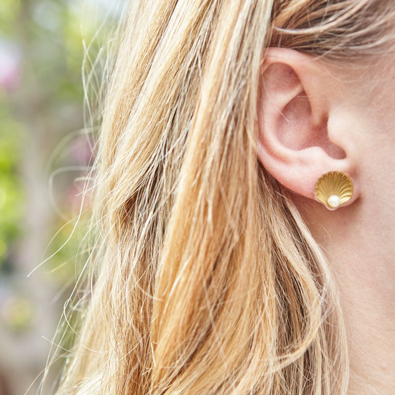 Gold And Pearl Shell Stud Earrings
