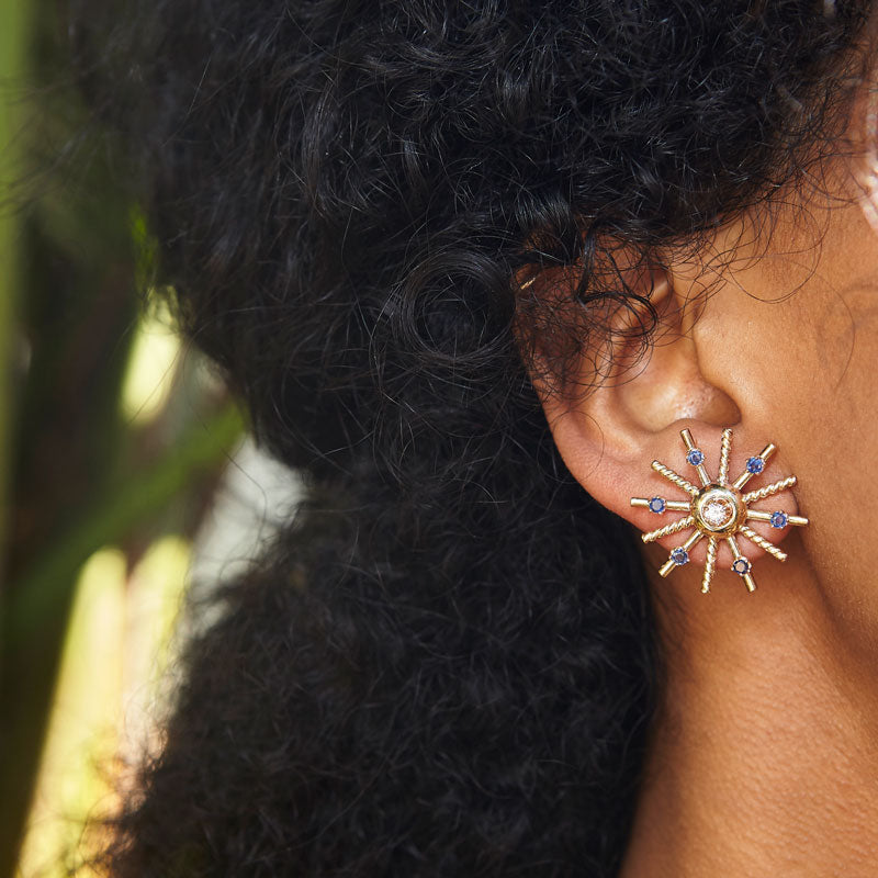 Retro Gold Sunburst Earrings With Sapphires And Diamonds
