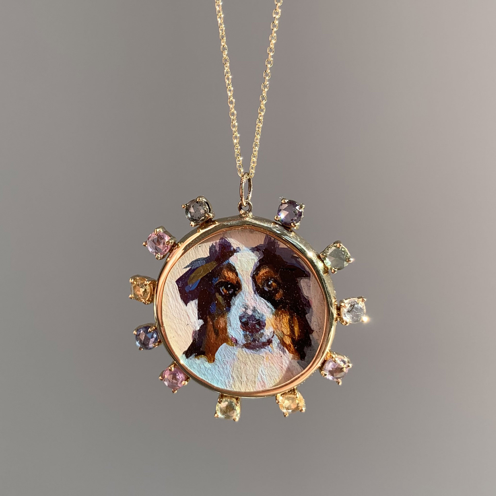 The F&B Custom Hand-Painted Pet Portrait Necklace With Rose Cut Sapphires