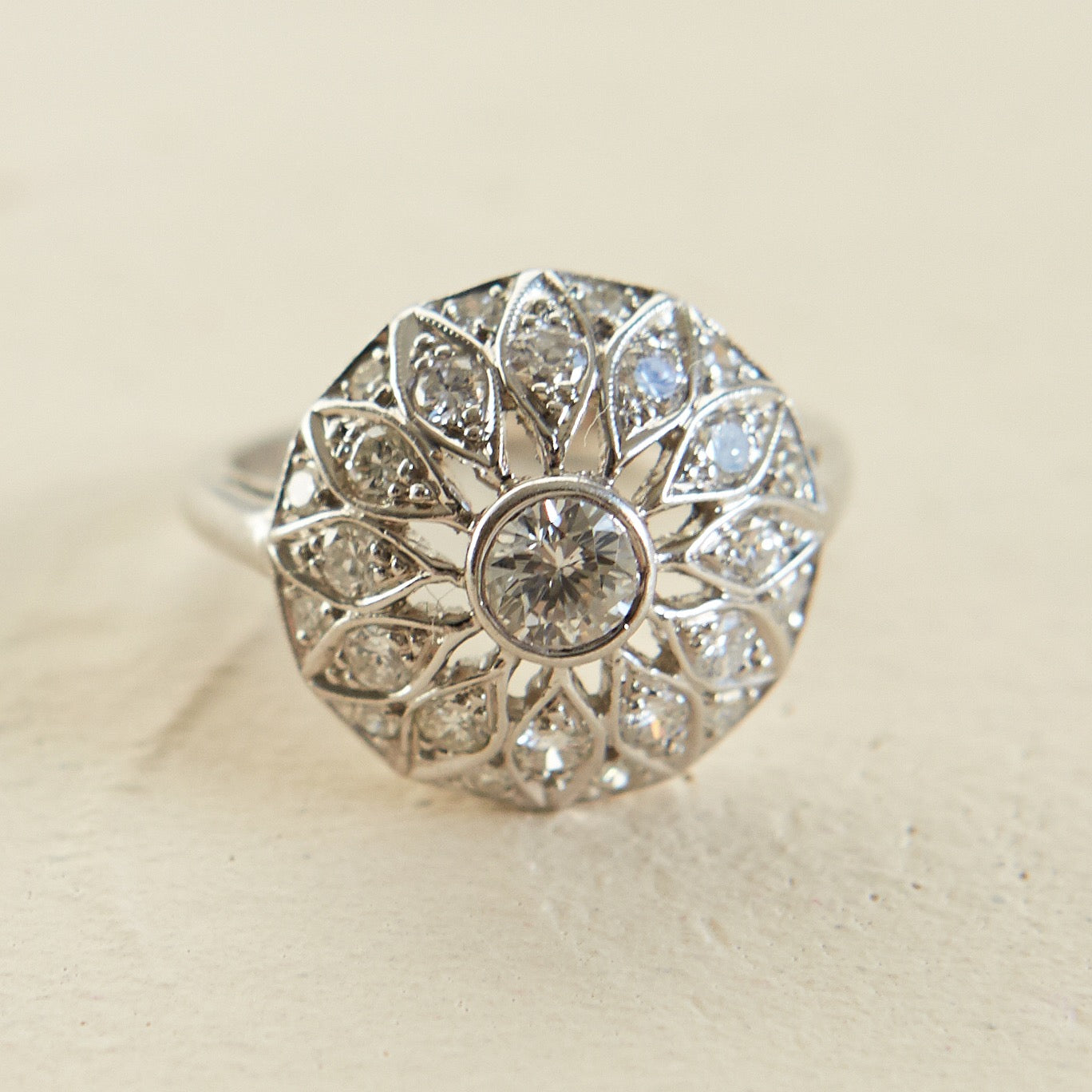 Floral Diamond and Platinum Dome Ring