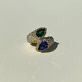 Emerald, Sapphire, Pave Diamonds, and 18k Gold Bypass Ring