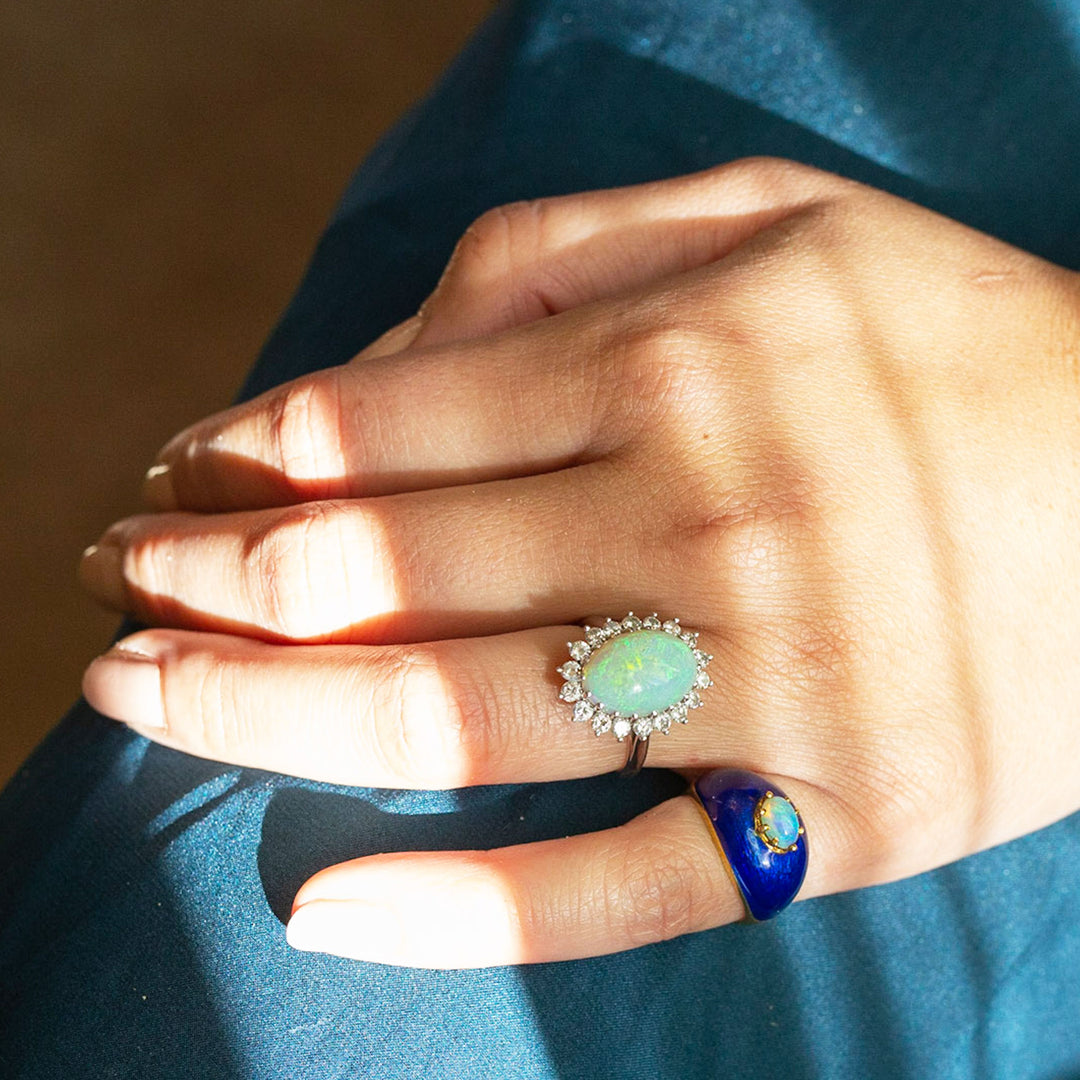 Italian Opal And Blue Enamel 18k Gold Dome Ring